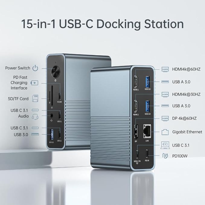 Docking Station USB C 15 en 1 con HDMI 4K, 10Gbps, PD 100W miniatura 3