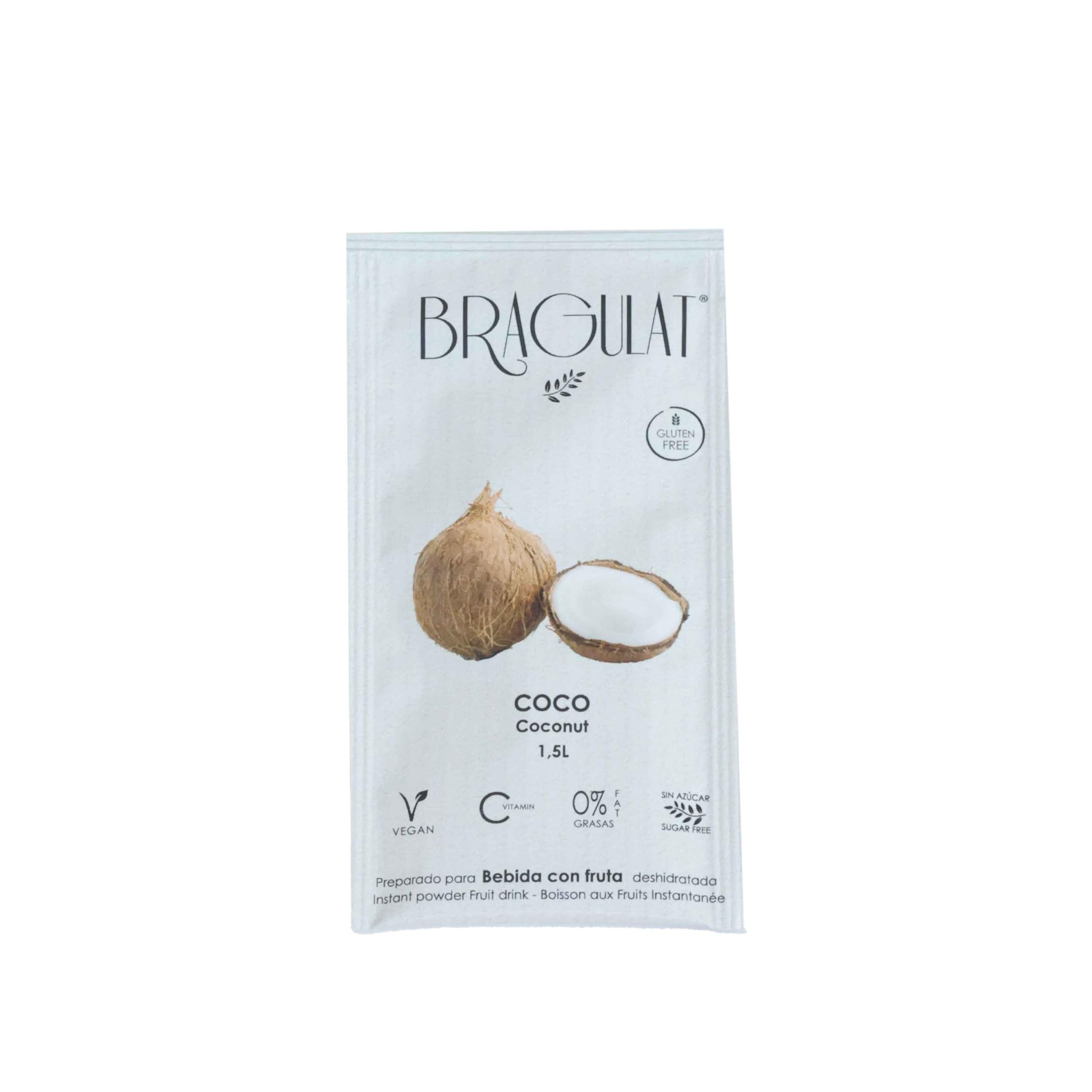 BRAGULAT | Zumo Concentrado de Frutas Sabor a COCO | Bebidas y Refrescos Instantáneas en Polvo | Sin Azúcar con fruta y Vitamina C | Agua con Sabor a Coco | 15 Sobres