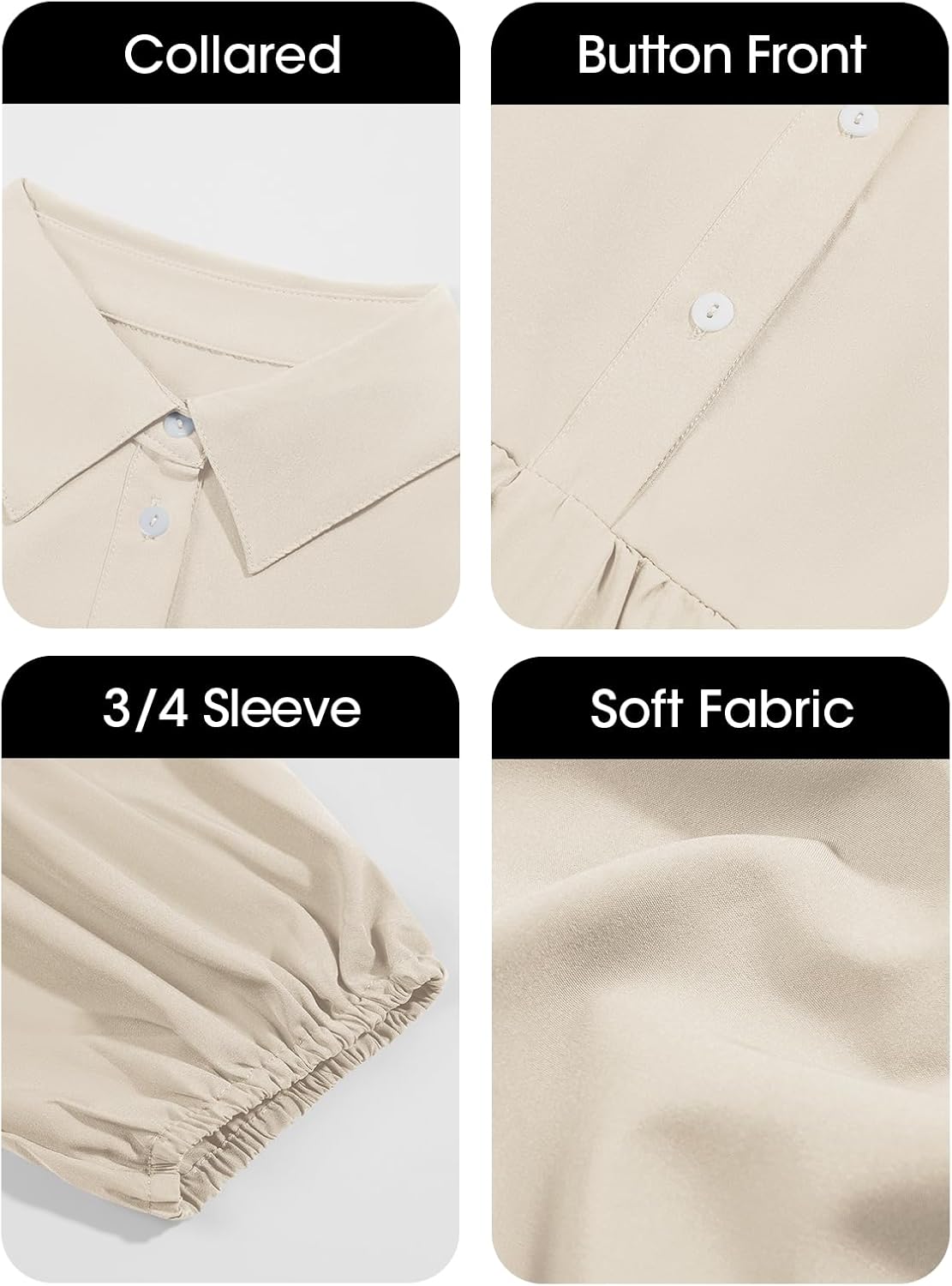 Wenrine Womens Casual Button Shirt Dress V Neck 3/4 Sleeve Tiered Collared Flowy Maxi Dress Beige - Image 8