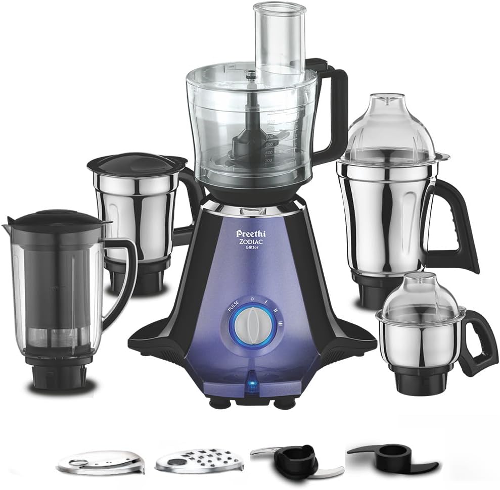 Preethi Zodiac Glitter MG 261, 750 Watt Mixer Grinder, 5 Jars (3 Stainless steel Jars +1 Juicer Jar+1 Master Chef Plus Food processor Jar), Lavender/Black