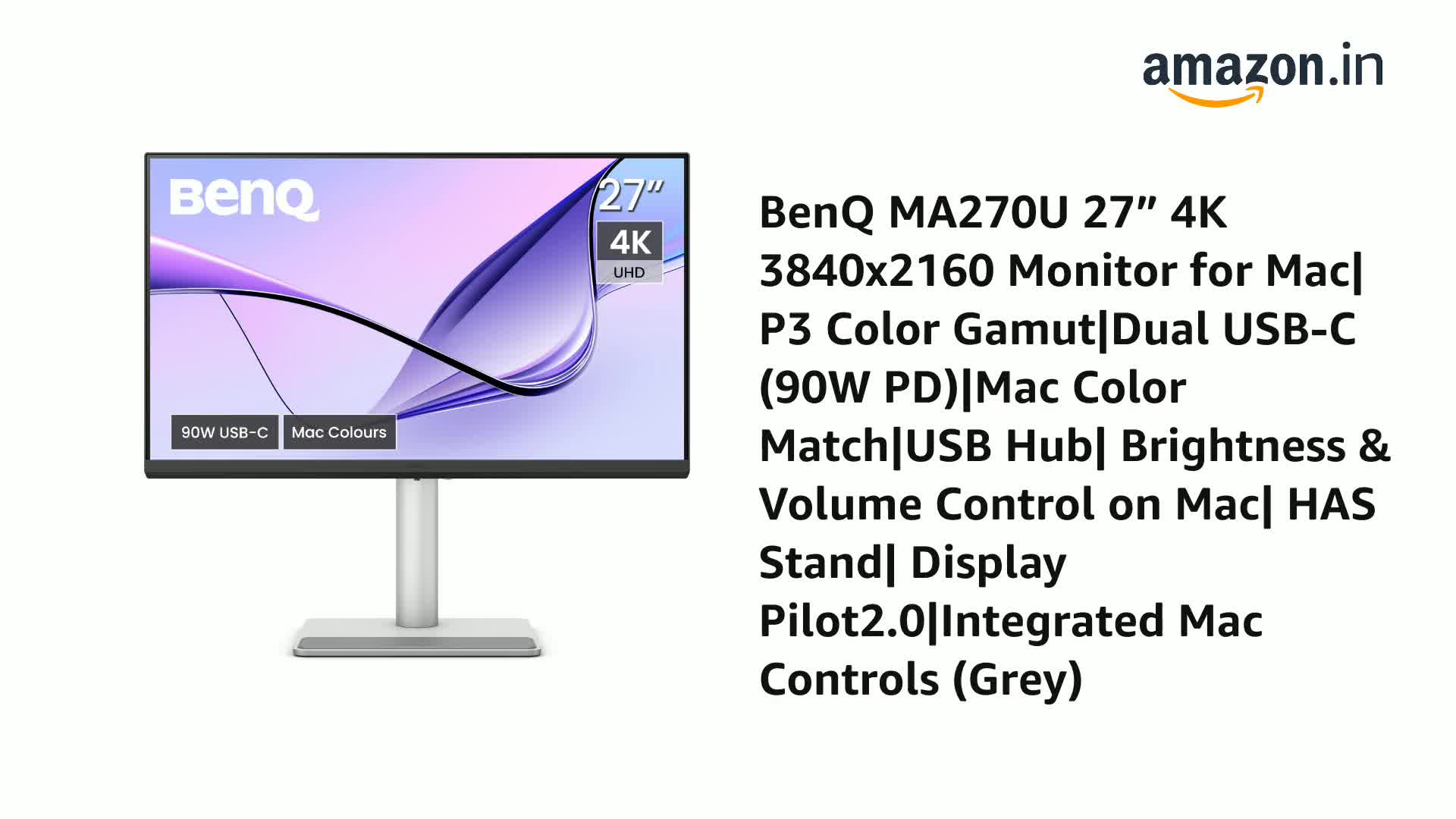 BenQ MA270U 27” 4K 3840x2160 Monitor - P3 Color Gamut, Dual USB-C