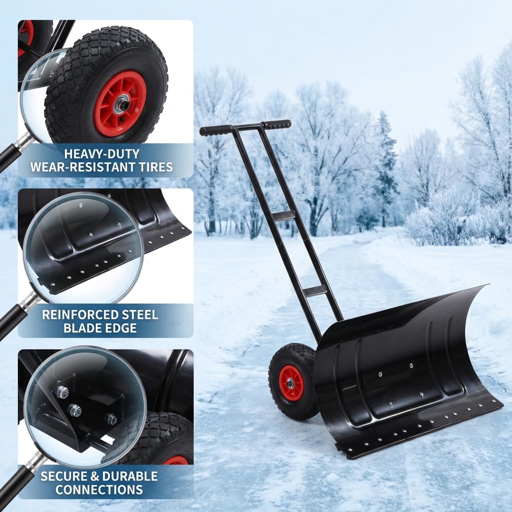 Pala de nieve para entrada, empujador de nieve de metal con ruedas, quitanieves con hoja de ángulo ajustable grande de 29 x 16.5 pulgadas