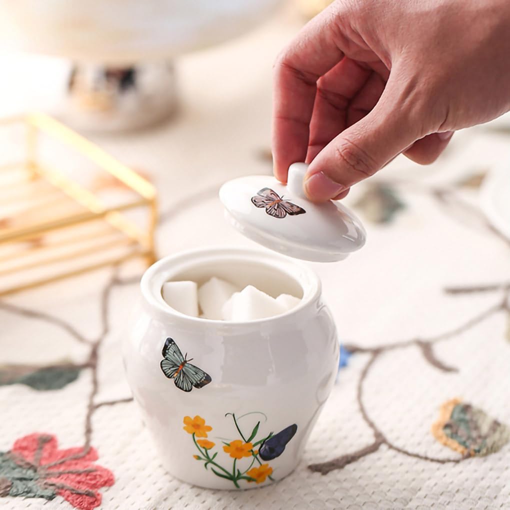 WAIT FLY Butterfly and Flower Ceramic Creamer and Sugar Bowl Set, Cream Pitcher, Sugar Bowl with Lid, Coffee Serving Set-Butterfly and Flower-Creamer Bowl Set