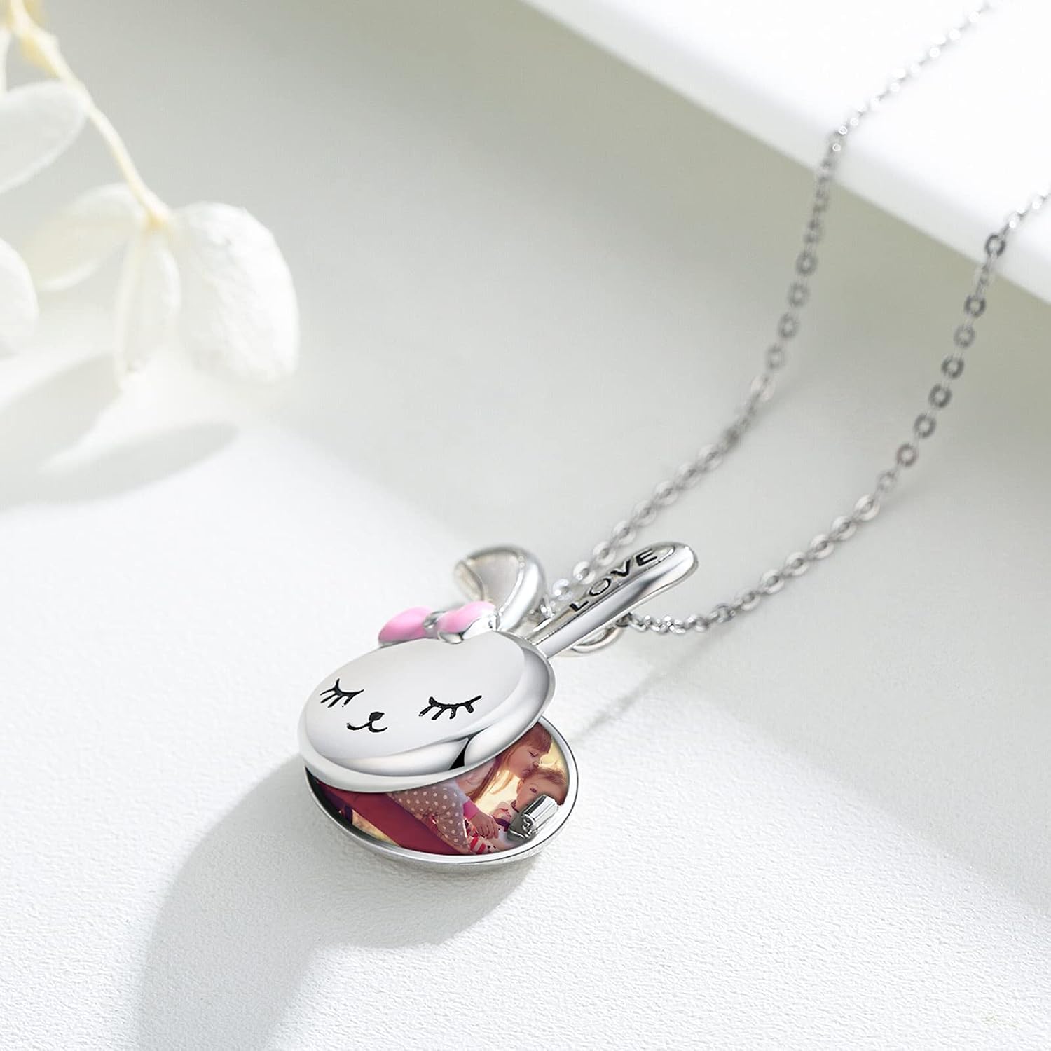 Rabbit Locket Necklace 925 Sterling Silver Bunny Photo Lockets That Holds Pictures Personalized Jewelry Gift for Women Wife friend Birthday Anniversary Easter Mother's Day