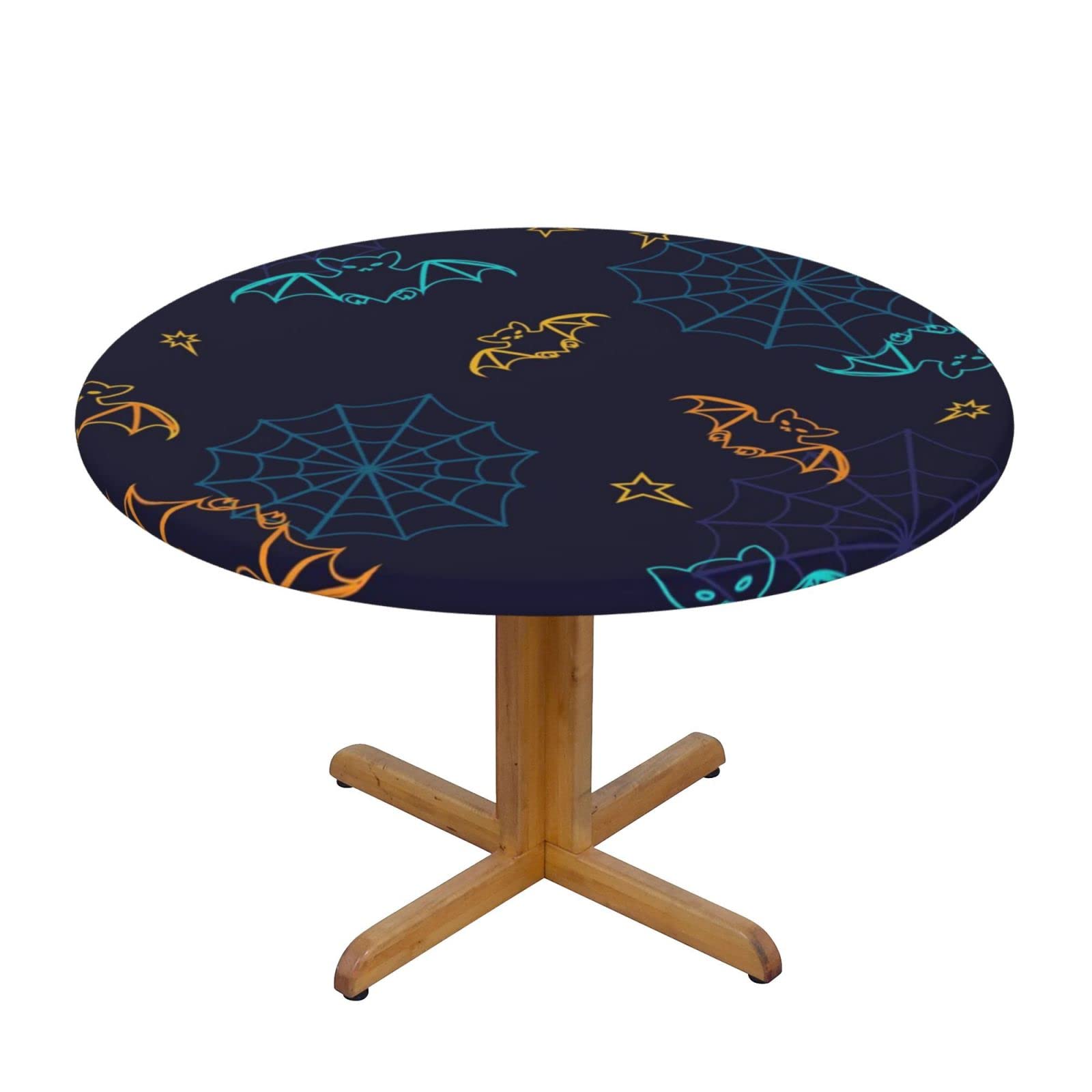 Lsjuee Round Fitted Tablecloth 45-50in Elastic Edged Table Cloth for Kitchen Dining Party Home Decor - Halloween Bats and Web Cute