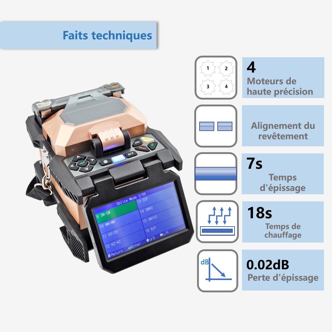 Soudeuse Fibre Optique Fusion Splicer, Kit d'Épissage par Fusion de Fibre avec Écran Tactile de 4,3 Pouces, Épissage 7s et Chauffage 18s pour FTTH (6481B)