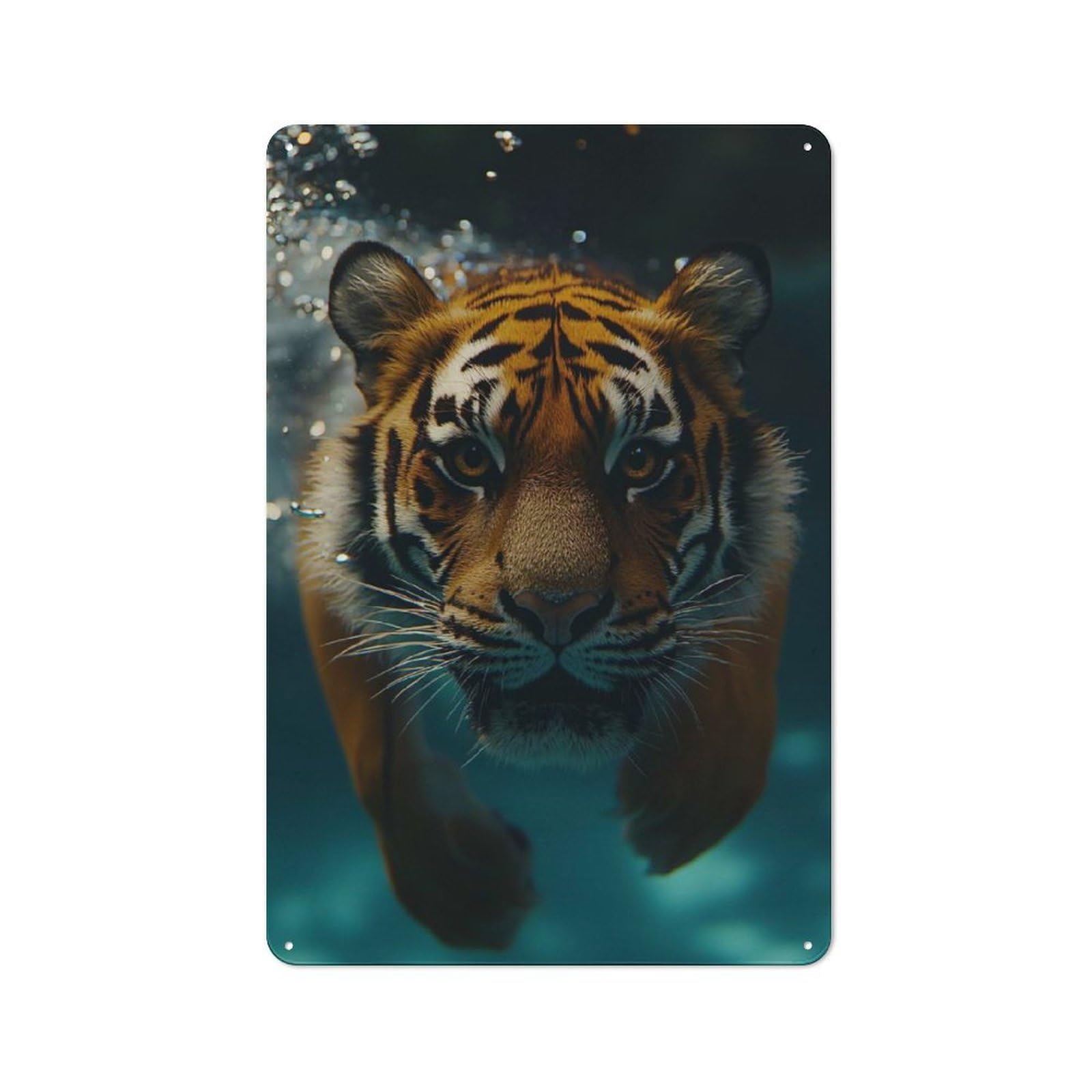 Metal Wall Sign 30x20cm Featuring Tiger Swimming Underwater Close-up for Café Or Restaurant, A Decorative Metal Sign for Cafés And Restaurants