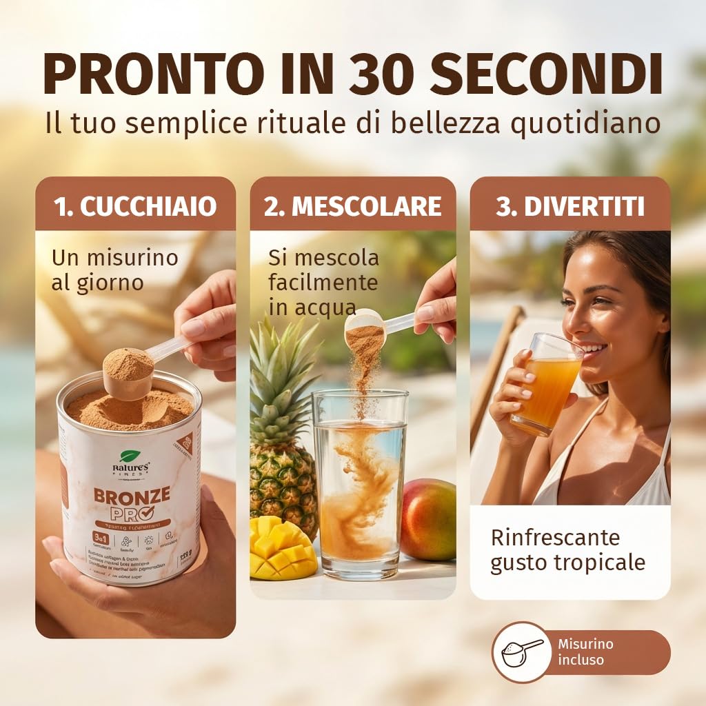 Nature's Finest Bronze PRO - Integratore Solare con Betacarotene Ultra Attivo - Abbronzante da Bere per Corpo e Viso - Acceleratore Naturale, Autoabbronzante, Protezione Solare - 125 g