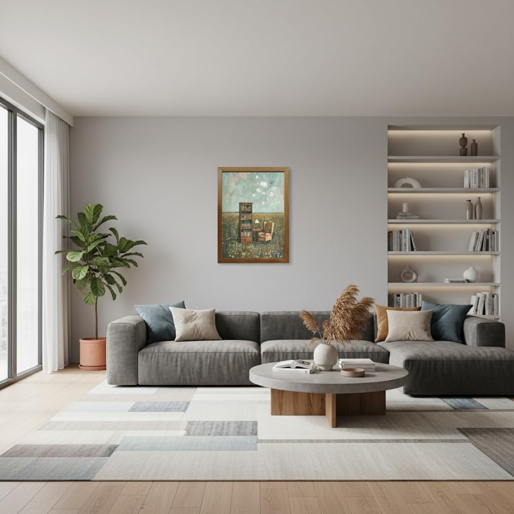 Vintage Book Nook Wall Art 12x16 Inch Wood Framed Canvas Print, Whimsical Book Lover Impressionist Flower Field Painting, Rustic Farmhouse Home Library Wall Decor, Ready to Hang