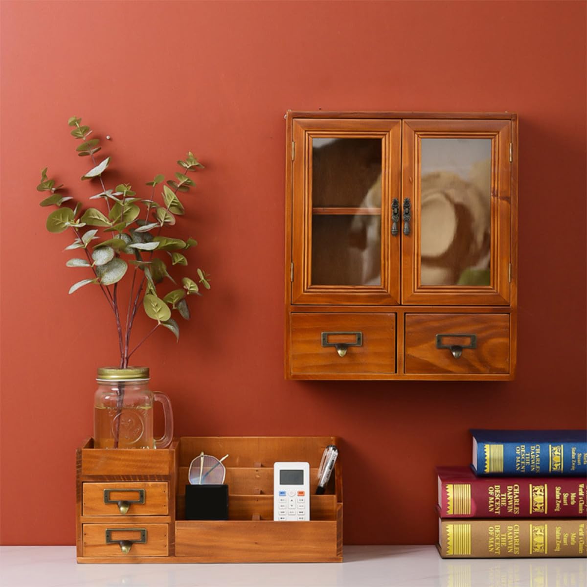 Porta Oggetti da Scrivania in Legno 6 Scomparti e 2 Cassetti, Organizer Multifunzionale per Piccoli Oggetti, Elegante e Decorativo per Casa e