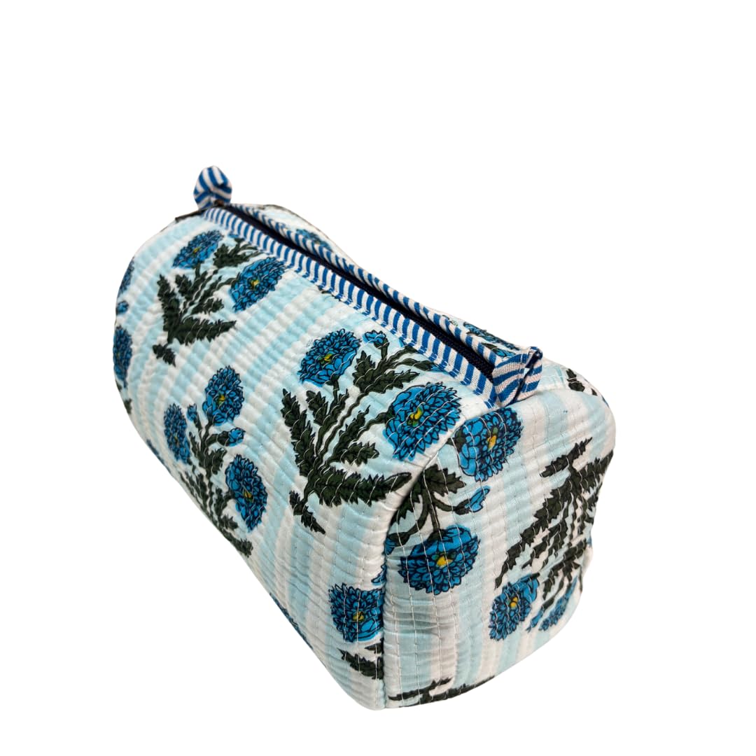 Quilted Cotton Travel Organizer Bag Set of 3 β Waterproof Toiletry Pouch, Cosmetic Makeup Bag & Multipurpose Travel Pouches for Women & Men, Handcrafted Block Print (Floral White & Blue) 2
