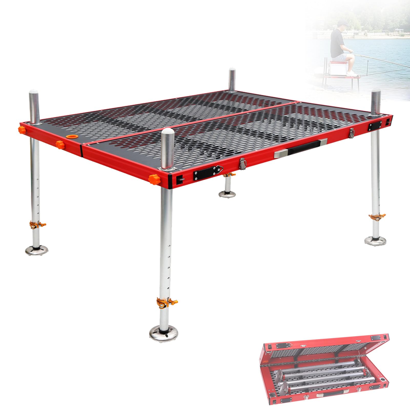Piattaforma da pesca portatile con foro per ombrello, ponte leggero per fiumi e laghi, 90 x 100 cm, gambe da 1,1 m, ideale per attività all'aperto