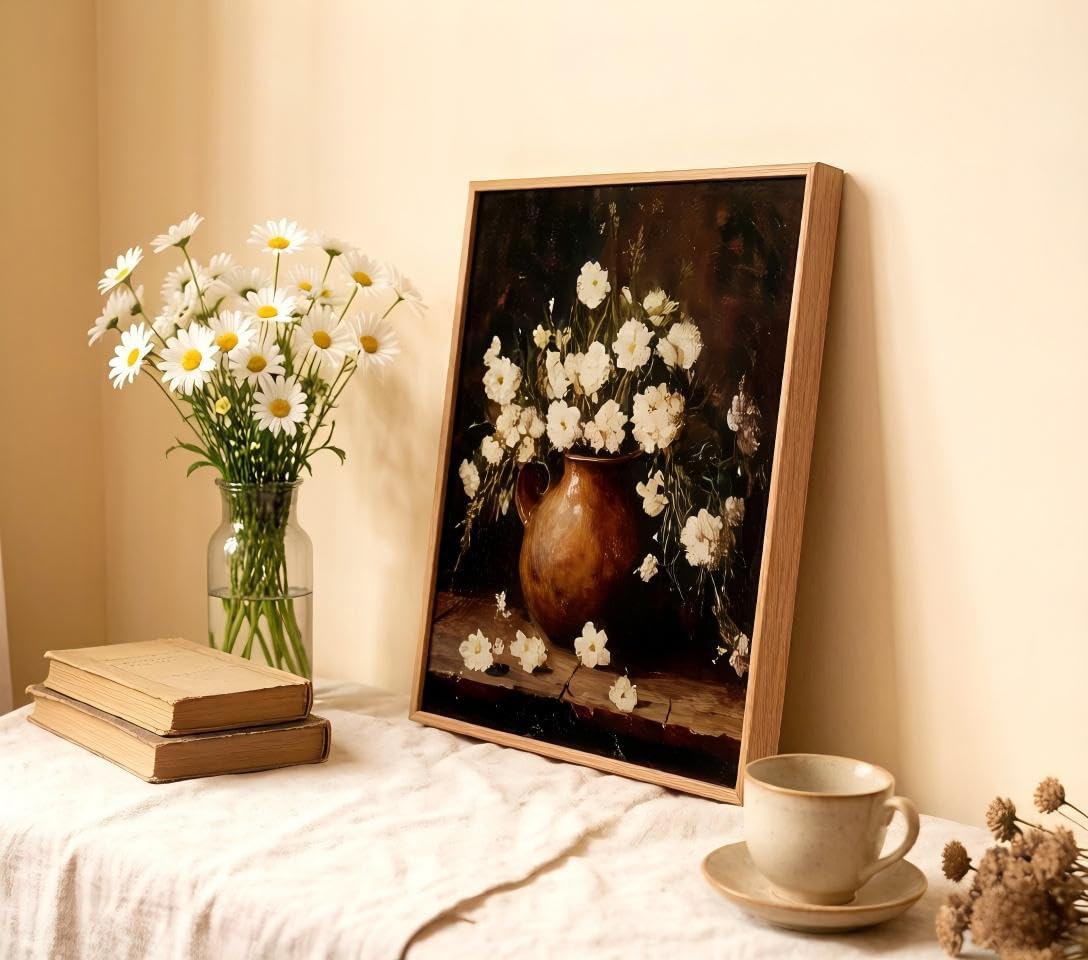Framed Farmhouse Rustic Flower Wall Art Retro Moody White Floral Canvas Painting Vintage Country Flower Pictures Wall Decor Vintage Still Life Floral Picture Artwork for Living Room Bedroom 12x16 Inch