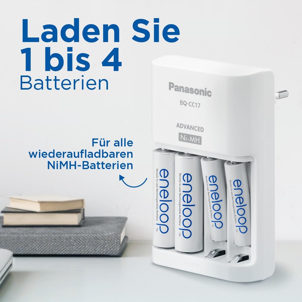eneloop Smart-Ladegerät für 1–4 AA/AAA NI-MH-Akkus, mit 4 eneloop AA/Mignon-Akkus mit verbesserter Kapazität und 7 Sicherheitsfunktionen