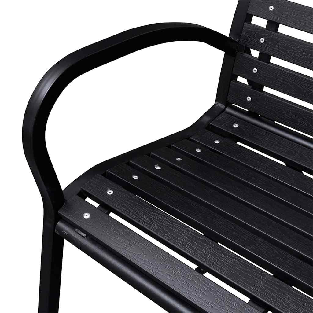 Ławka ogrodowa, czarna, 116 cm, wykonana z WPC i stali, odporna na warunki atmosferyczne, ławka do siedzenia z oparciem, do ogrodu, na balkon, taras, do użytku na zewnątrz, stabilna