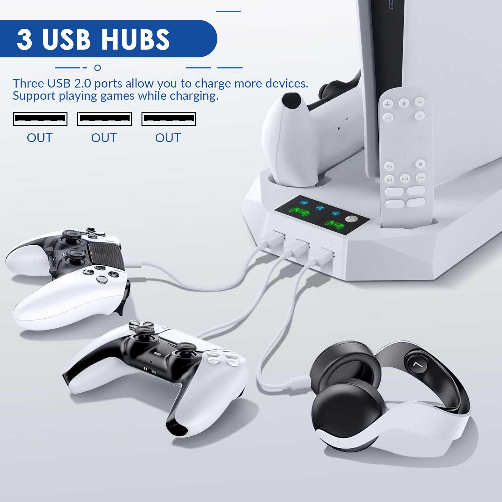 PS5 Ständer Multifunktions-Ständer mit 3 USB-Anschlüssen & Kühlfunktion – Vertikale Ladestation für 2 Controller + Headset-Halterung, Kompatibel mit Allen Modellen (Slim/Digital/Pro)