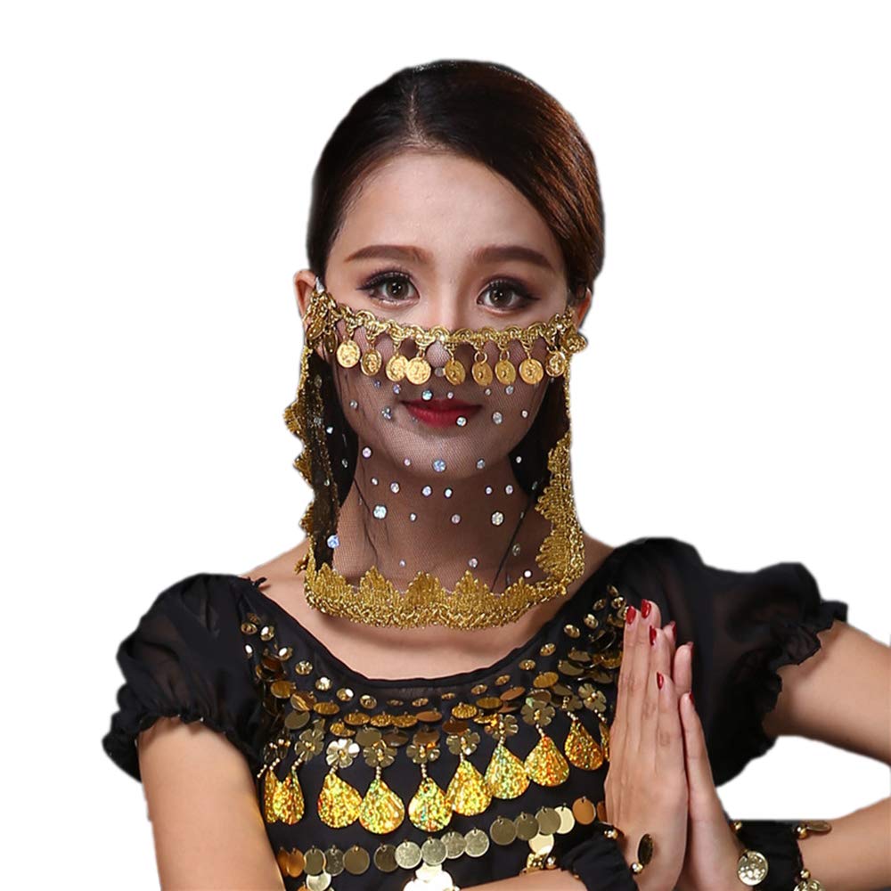 Women Belly Dance Tribal Face Veil with Coins Halloween Costume Accessory