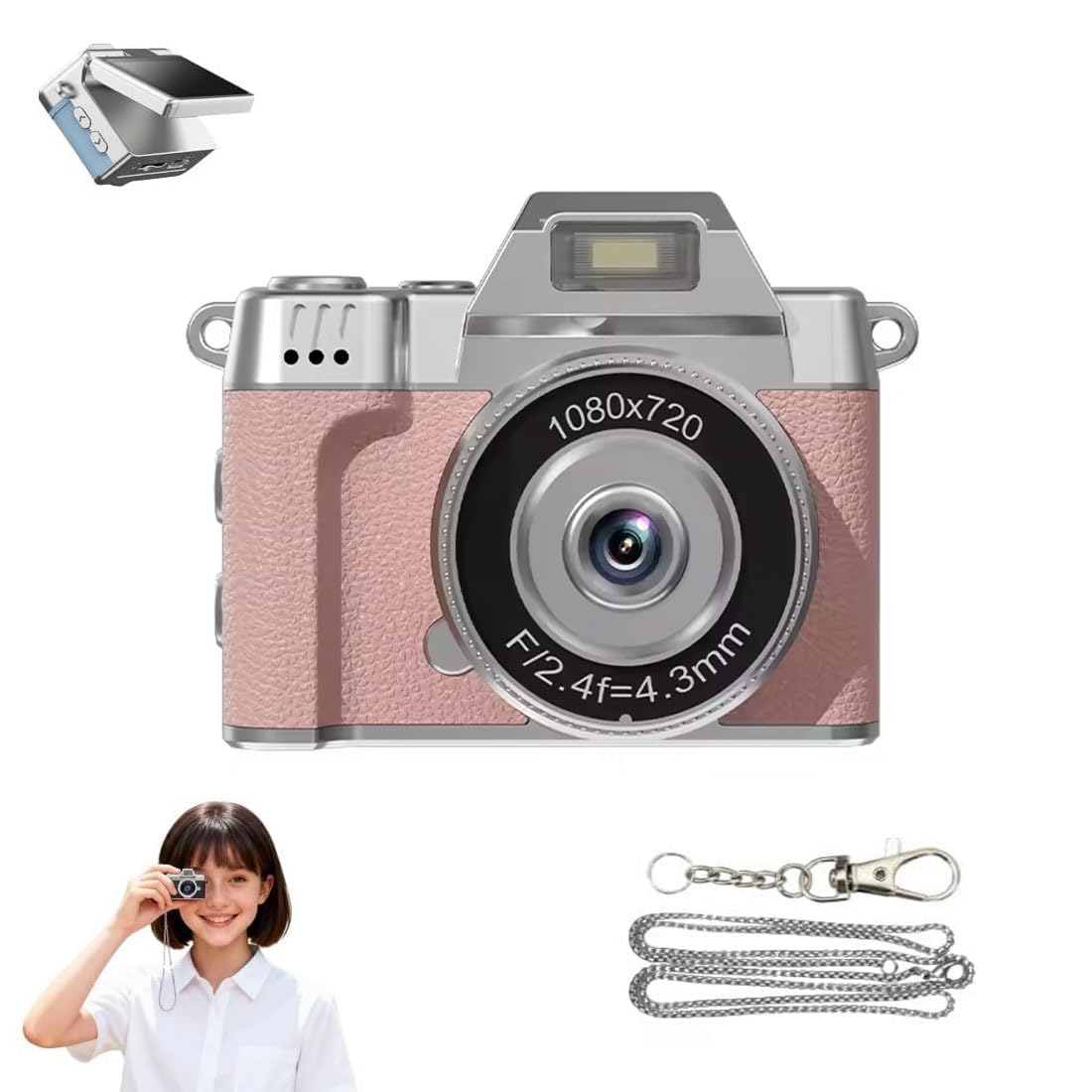 PHOTOMAX Retro Mini Flip Digital Camera with Keychain – 1080p HD Video, 8MP Photos, 1.47" 180° Flip Screen, Beauty Filters & LED Light (Miniature Camera Pink)
