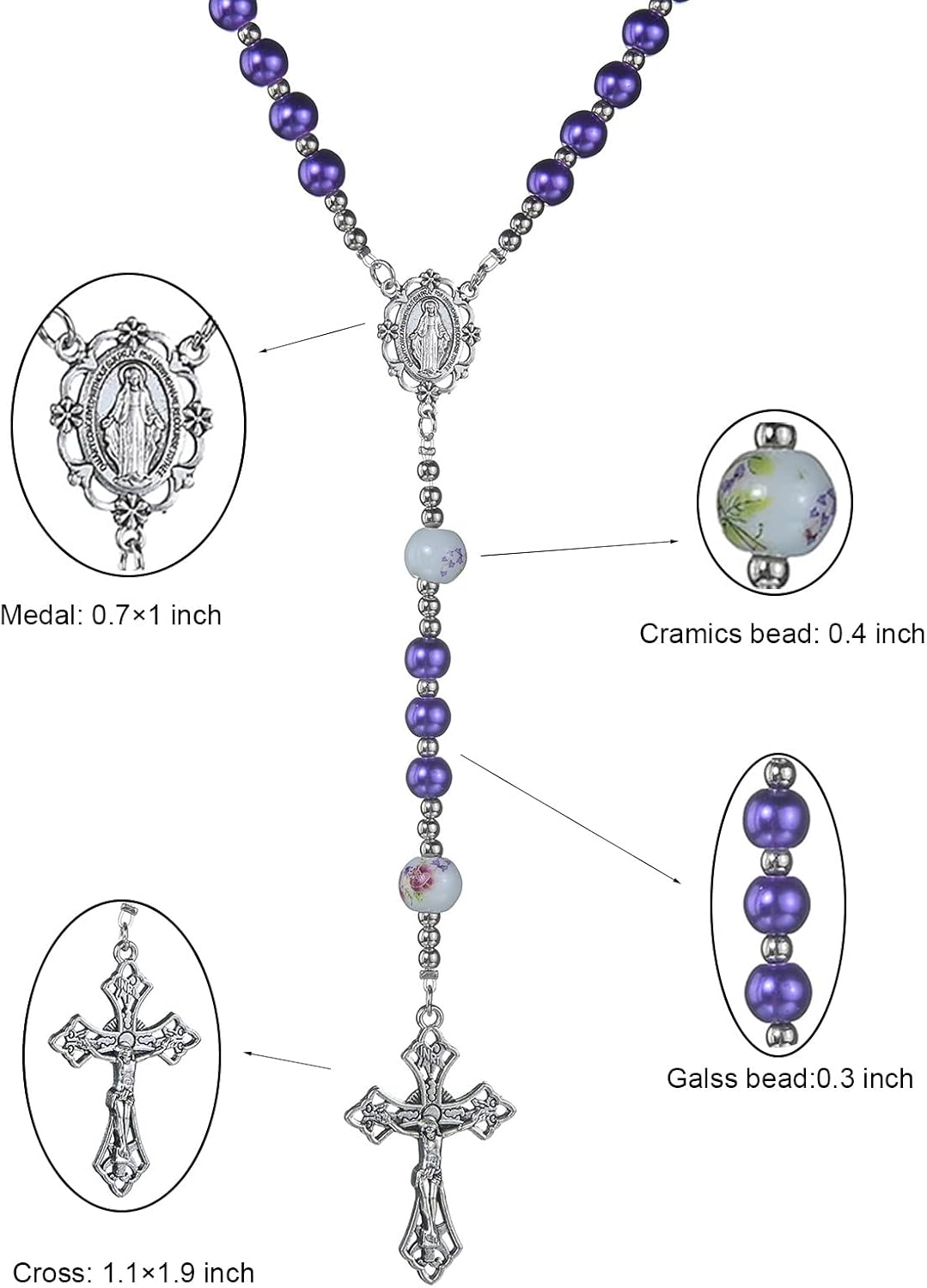 8mm Purple Pearl Beads Catholic Rosary Glass Beaded Acrylic String Necklace White Ceramics Bead Rosary Miraculous Medal Crucifix Cross Gift for Women Girls - Image 3