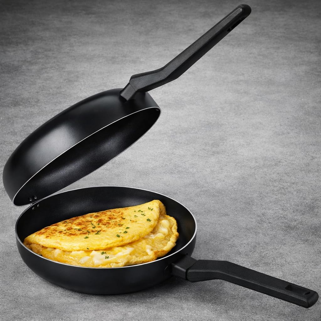 LS Kitchen - Doble Sartén Voltea Tortillas Volteo Fácil y Seguro - Sarten para Tortilla Patatas Jugosa - Sarten Doble para Tortillas - Vitro e Inducción - Diámetro 24 cm - Negra