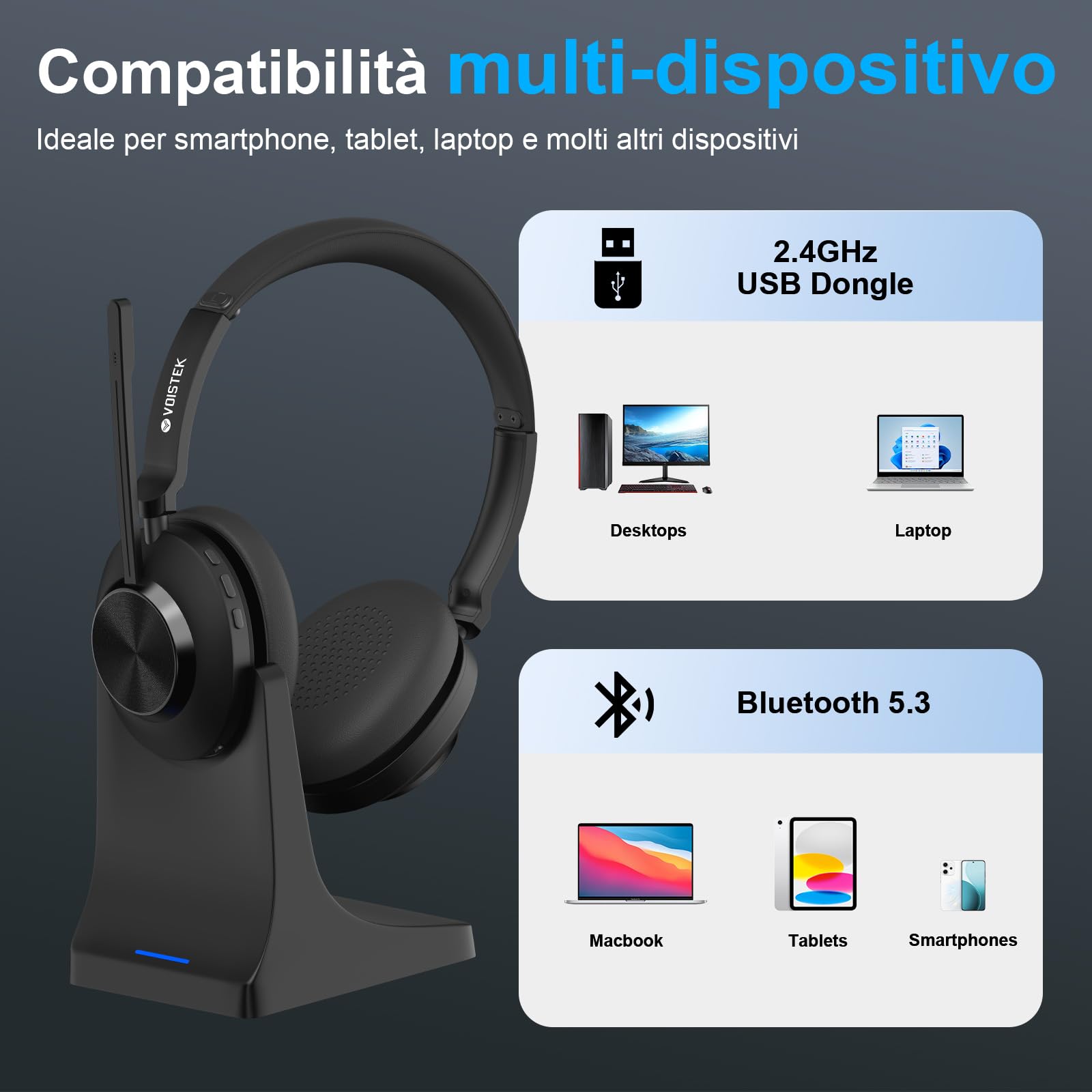 Voistek Cuffie Bluetooth Wireless con Microfono e Cancellazione Rumore, Dongle USB per PC, 45 Ore di Autonomia, Tasto Muto, Ideali per Ufficio, Riunioni, Zoom, Call Center, Laptop, Computer