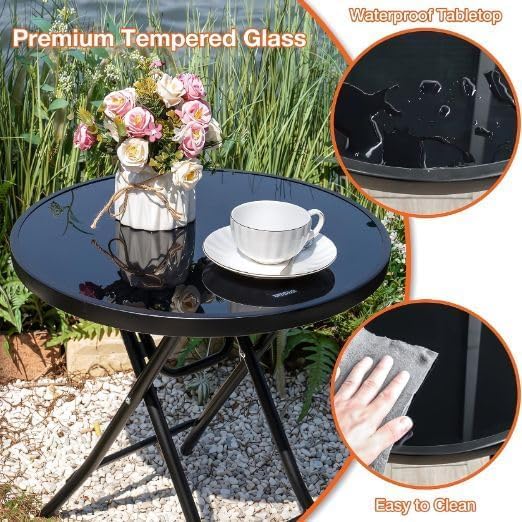 GION Portable Camping Dining Table, Backyard Garden Balcony Home Tabletop Patio Glass Coffee Table Side Table Round Patio Backyard Table - Black 1
