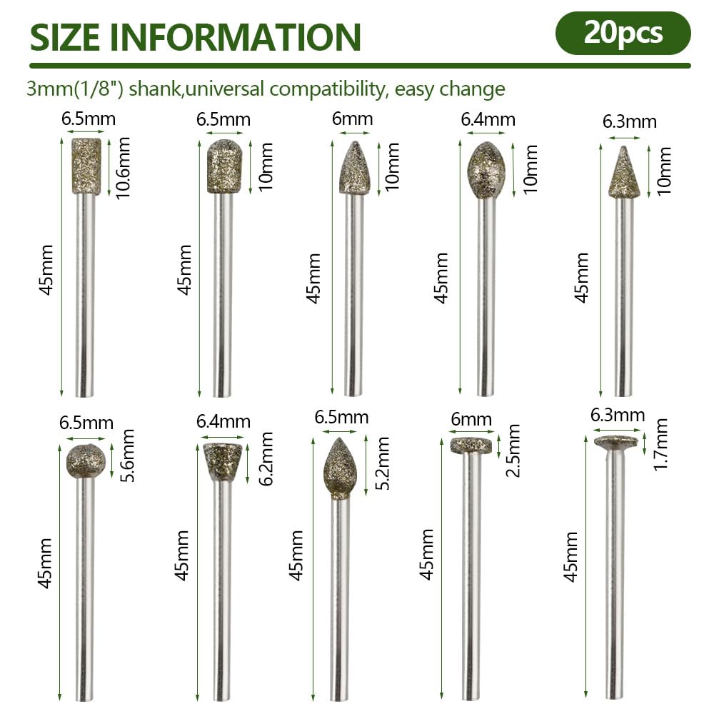 Set 20 Pezzi di Frese Diamantate per Intaglio,Set di Frese Diamantate con 3mm Gambo,Rotanti in Acciaio,Rotanti in Carburo di Tungsteno,per Rettifica,lucidatura,Incisione