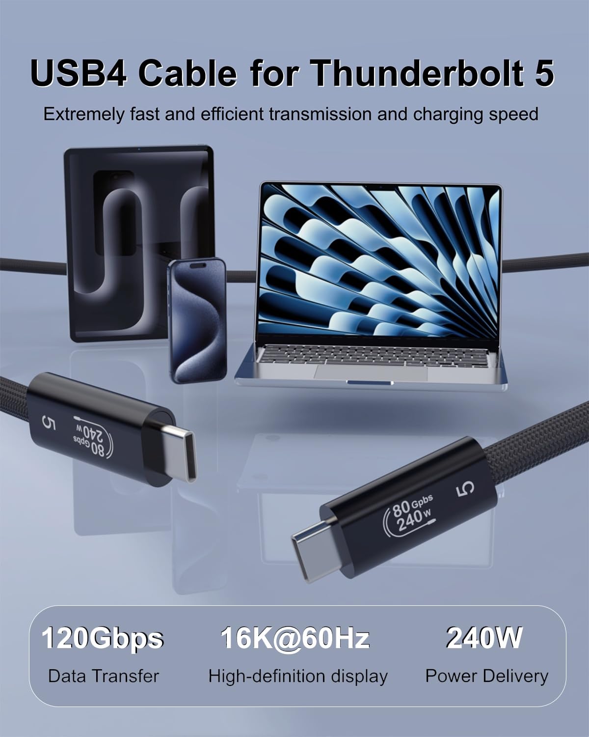 AIRSKY Cable USB 4 para cable Thunderbolt 5, cable de datos de 80 Gbps de 10 pies, carga de 240 W, ancho de banda de hasta 120 Gbps, pantallas de 16 K/Dual 8K, compatible con Thunderbolt 4/5, iPhone