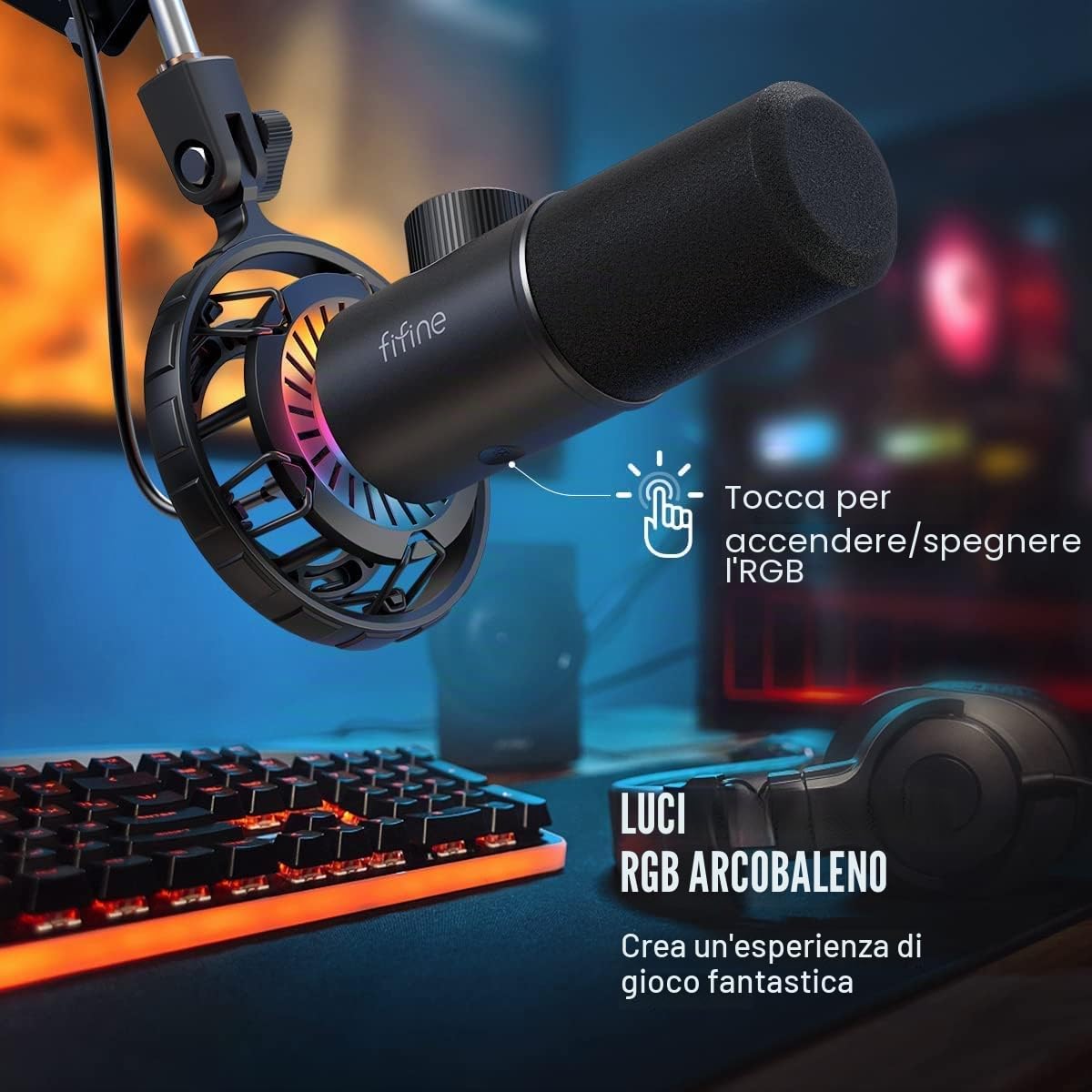 FIFINE Gaming Microfono USB per PC, Dinamico Microfoni Cardioide con RGB Supporto Antiurto, Pulsante di Silenziamento e Filtro Anti-Pop, per Podcasting YouTube Gaming Discord