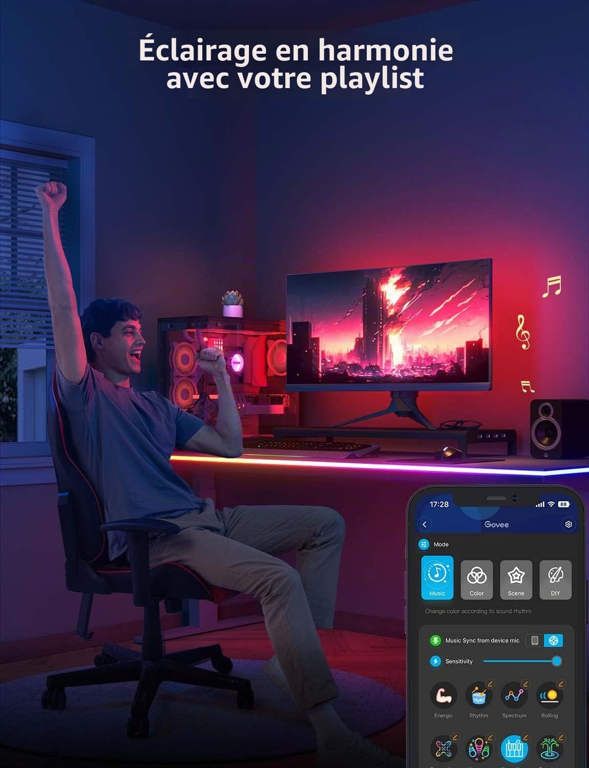 Govee RGBIC Ruban LED néon pour bureau de jeu, bande LED de 5 m, découpable, panneau néon compatible avec Razer Chroma, 11 musiques, 64 scènes et plus, contrôle par application RVB
