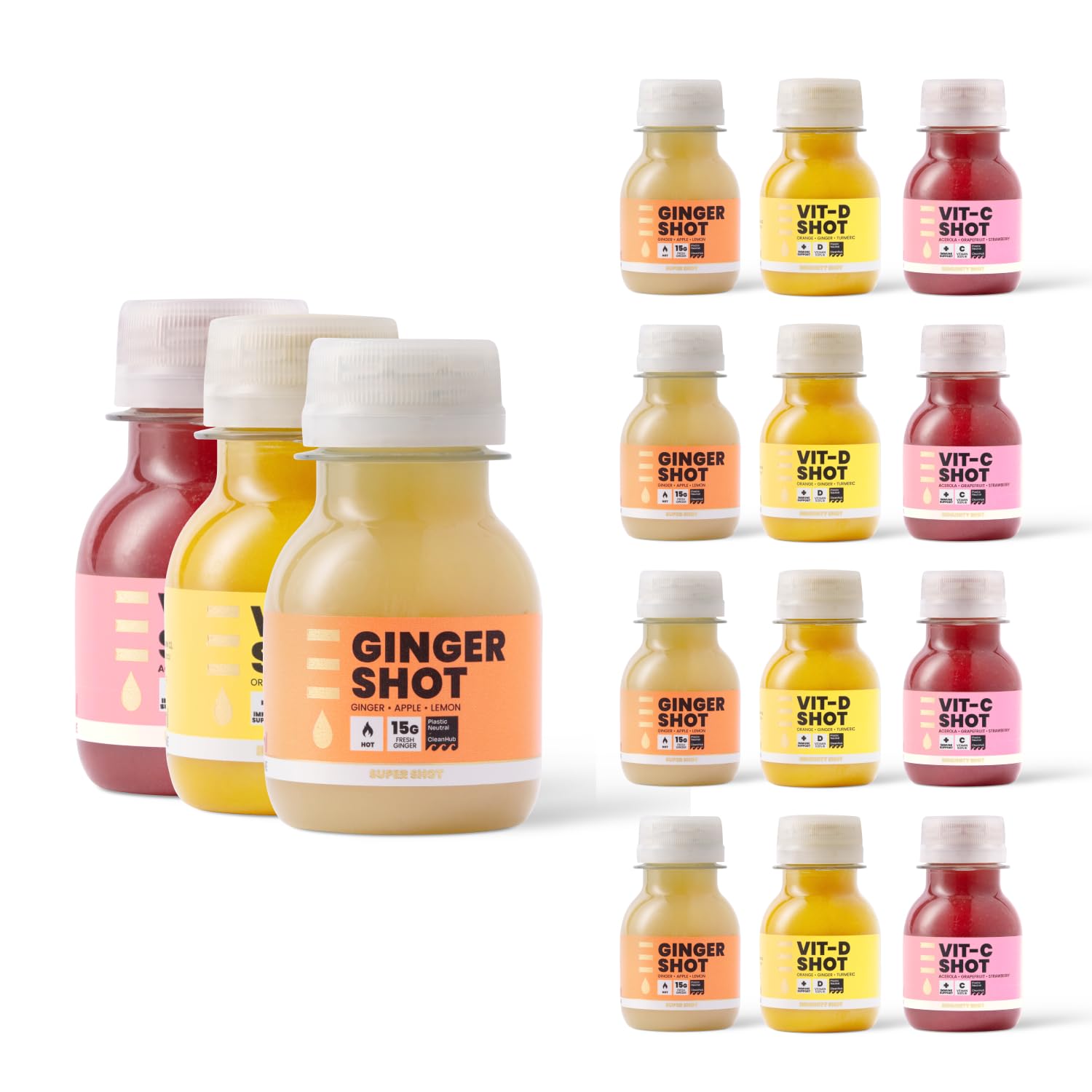 Press Healthfoods, Mixed Shot Bundle, Immune Boost Trio, 4 Ginger Shots, 4 Vitamin C Shots and 4 Vitamin D shots, Natural Ingredients, Energize and Fortify