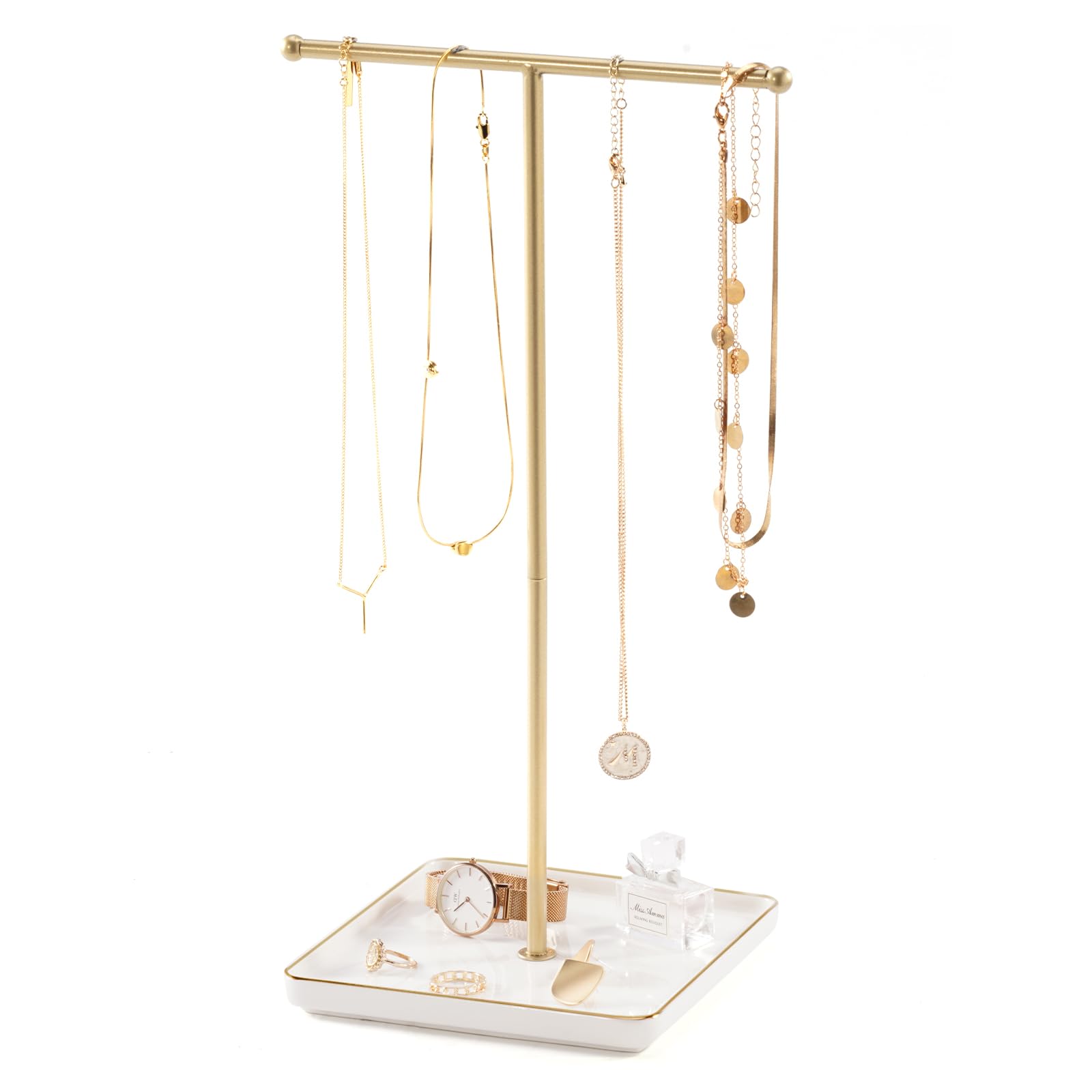 Lolalet Necklace Holder, Jewelry Display Stand with Ceramic Base Tray Jewelry Organizer Tree for Necklaces Bracelets Earrings Rings -White, 1 Tier