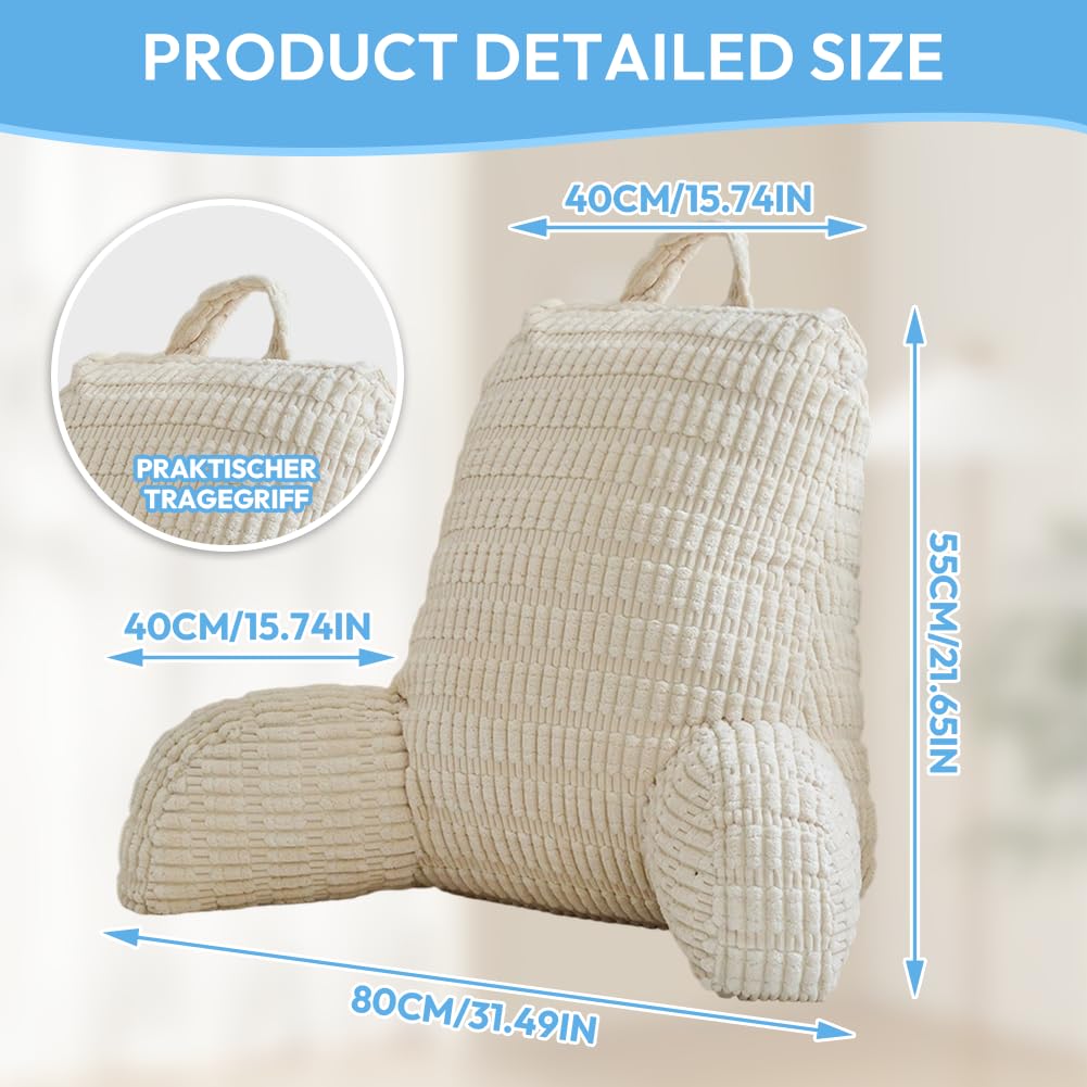 Rückenkissen, Lesekissen Bettauflage Kissen, Rückenlehnenkissen mit Armlehnen, Lesekissen Flauschig, für mehr Halt und Komfort von Rücken, Kopf und Nacken, für Bettruhe, Lesen, Fernsehen (Beige)
