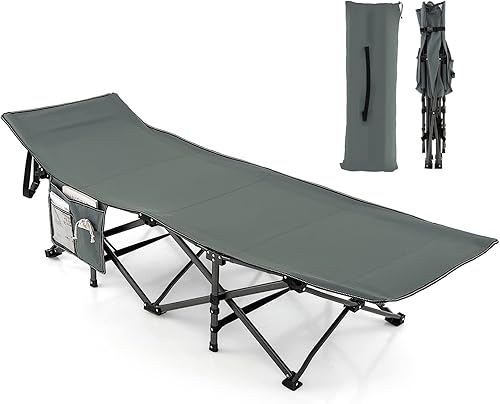 GYMAX Catre de campamento, catre de dormir resistente de 600 libras con diseño ergonómico de inclinación, bolsillo 3 en 1, bolsa de transporte, cuna