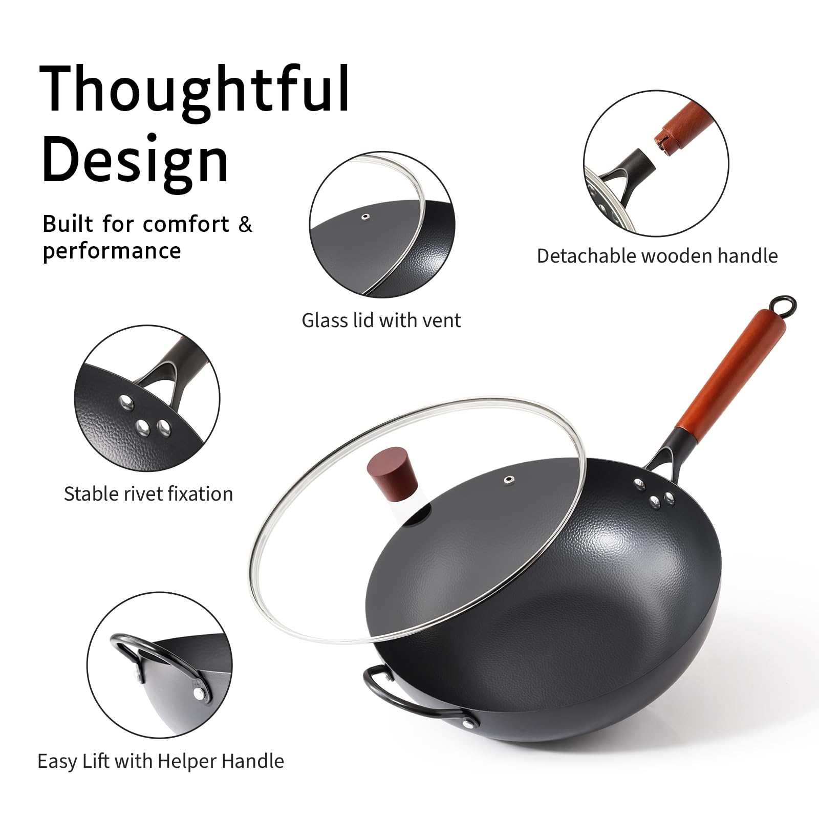 Kordisen Wok de Acero al Carbono 32cm con Tapa, Mango de Madera, Fondo Plano para Inducción y Gas, Antiadherente Natural, Gran Capacidad para 3-6 Personnes, Sartenes para Saltear Estilo Asiático | 17 cm Flachboden für Induktion, Gas, Elektro und Glaskeram