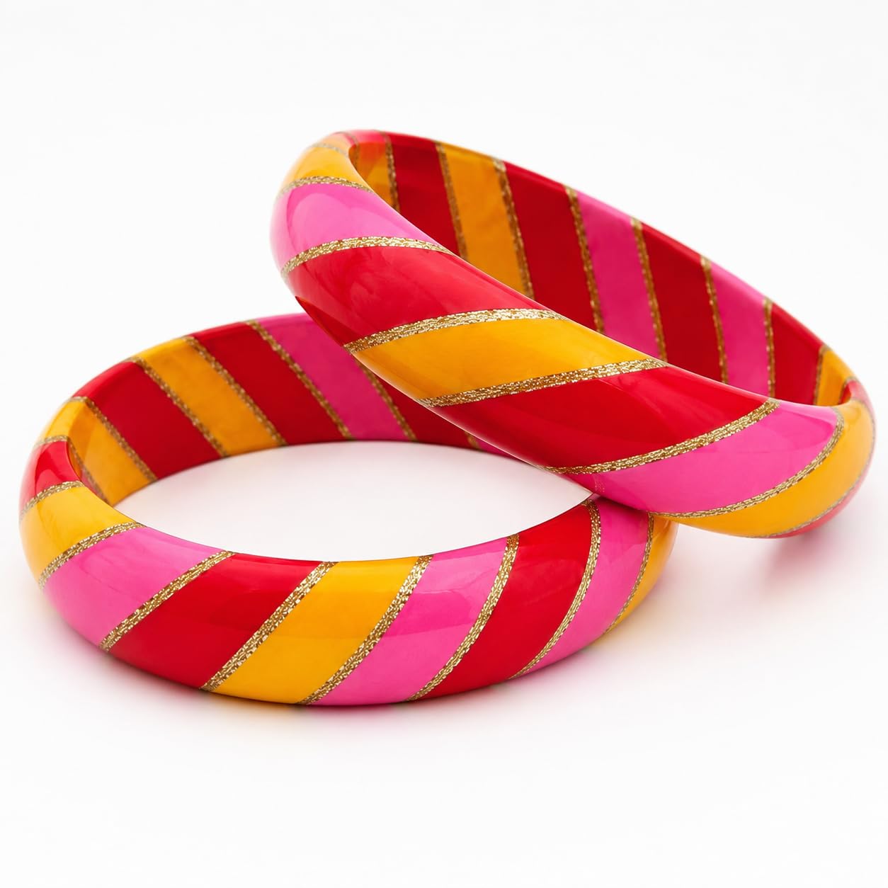 Handmade Lac Bangles for Women – Colorful Striped Design, Lightweight & Comfortable Traditional Jewelry | Red | Yellow | Pink-picture-28