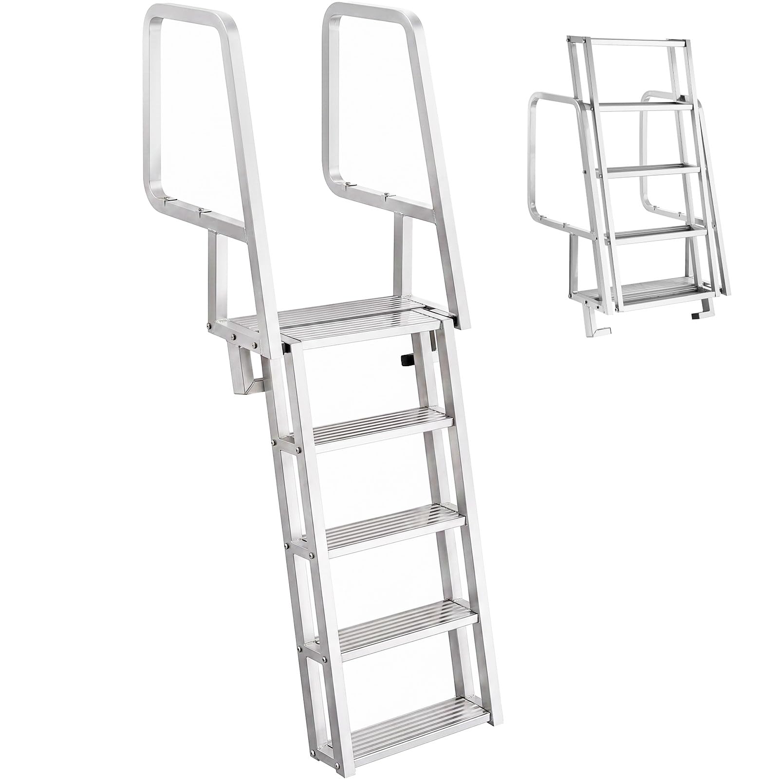 VEVOR Flip-Up Dock Ladder, 5-Step, Heavy-Duty Aluminum Alloy Pontoon Boat Swim Ladder, with Non-Slip Wide Steps, 350 lbs Weight Capacity, Pull Rope Assist, Comfort Use for Lake Pool Marine Boarding