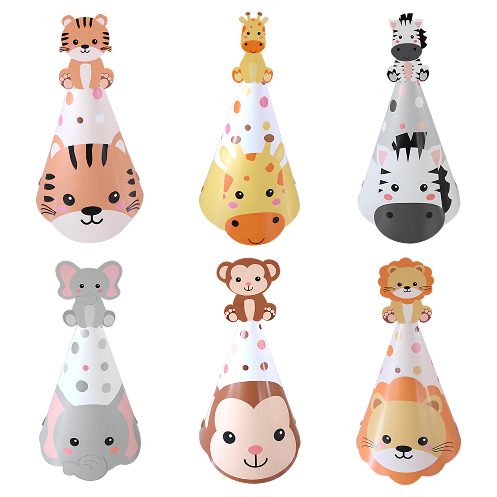24 Cappellini Festa Compleanno A Tema Animali - Cappelli Di Carta Per Bambini Con Elastici - Foto 2