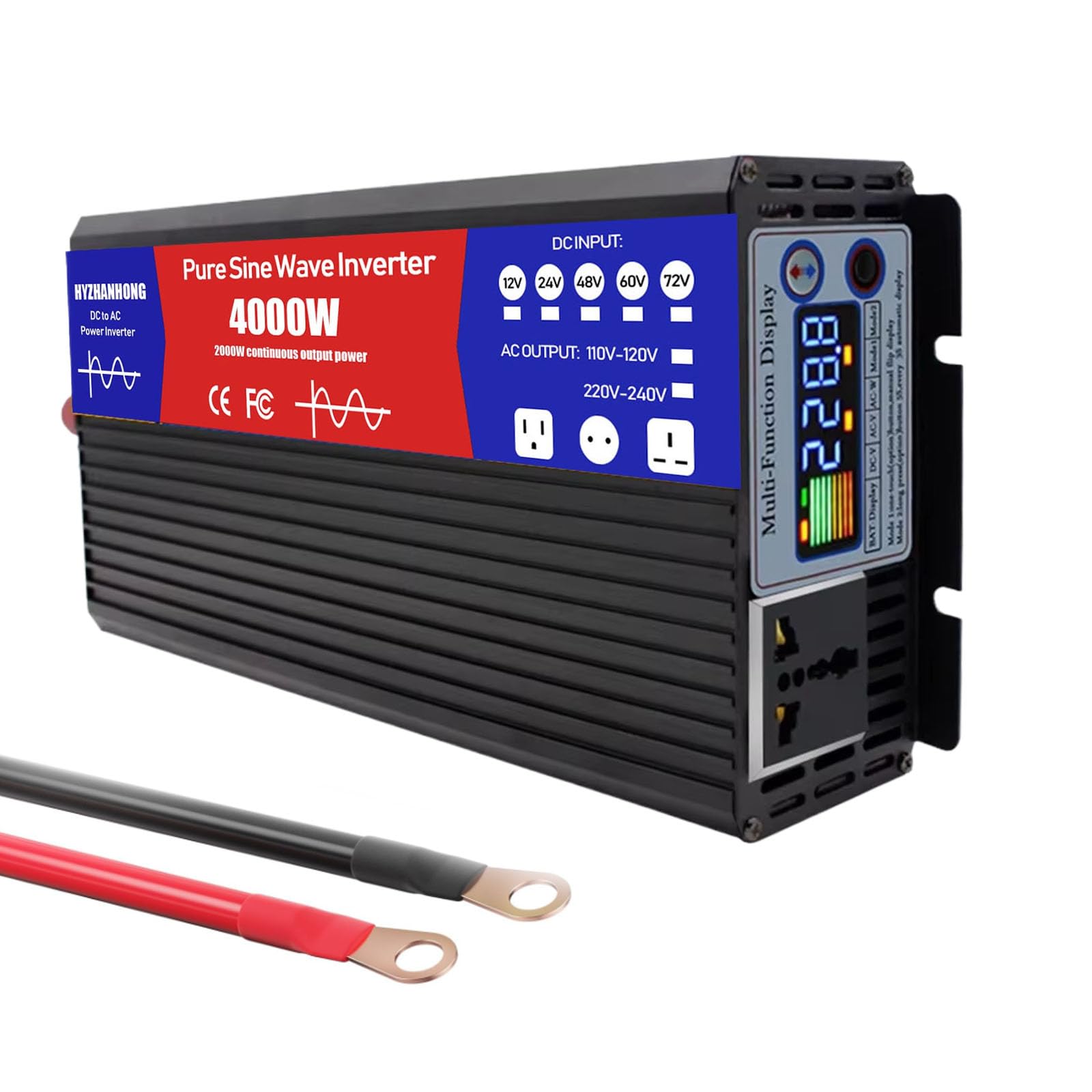 60v to 230v 50hz,Czysta Falowa Inwerter 4000W Szczytowej Mocy Konwerter DC12V -72V Na 230V AC z Wyświetlaczem LCD, do Auta Łodzi Ciężarówki RV Zasilania Słonecznego, 4000W- 60V do 230V