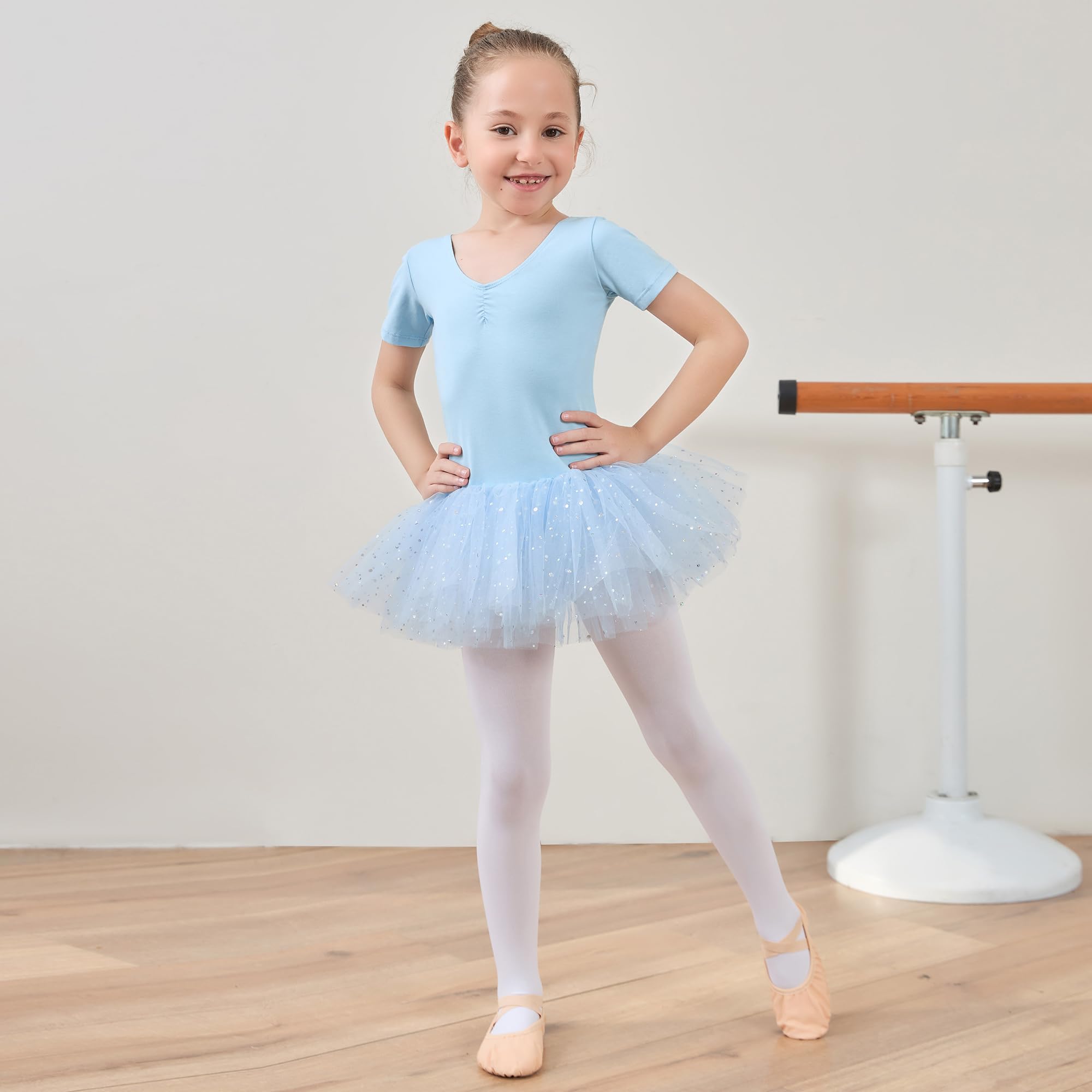 Robe de Tutu de Ballet de Filles avec du Tulle Brillant croisé en Croix à Manches Courtes Leotard de Danse à Manches Courtes