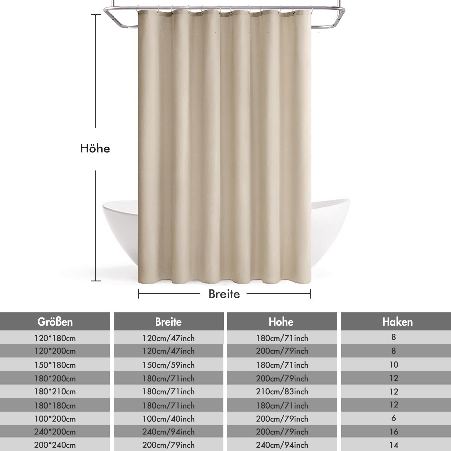 MIULEE Lniana zasłona prysznicowa z teksturą 120x200 cm, jasnobeżowa, ciężka hotelowa, luksusowa, wodoodporna, poliestrowa zasłona prysznicowa, anty-pleśniowa, z 8 kółkami
