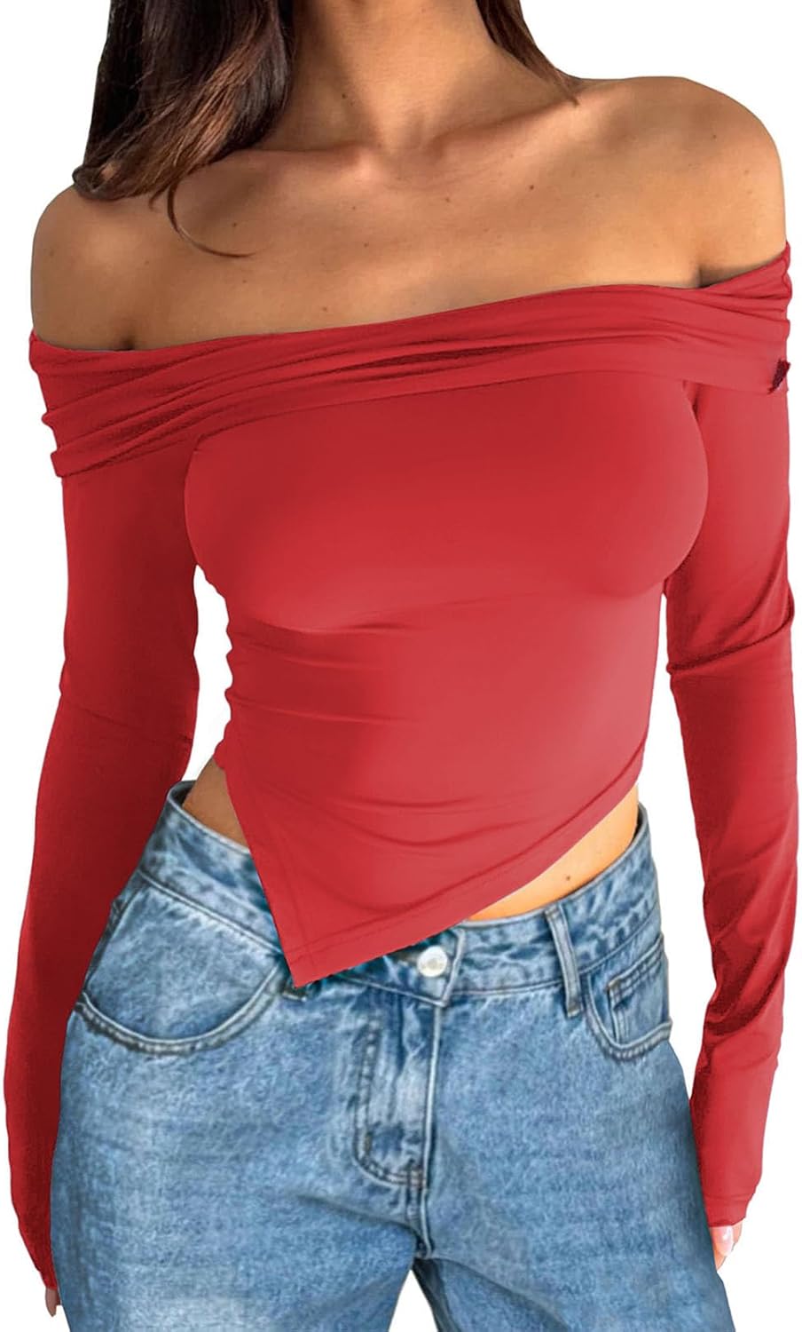 Off Shoulder Tops Women: Long Sleeve Crop Top Shirts Going Out Y2k Asymmetrical Fall 2024 Cute Slim Fit Clothes