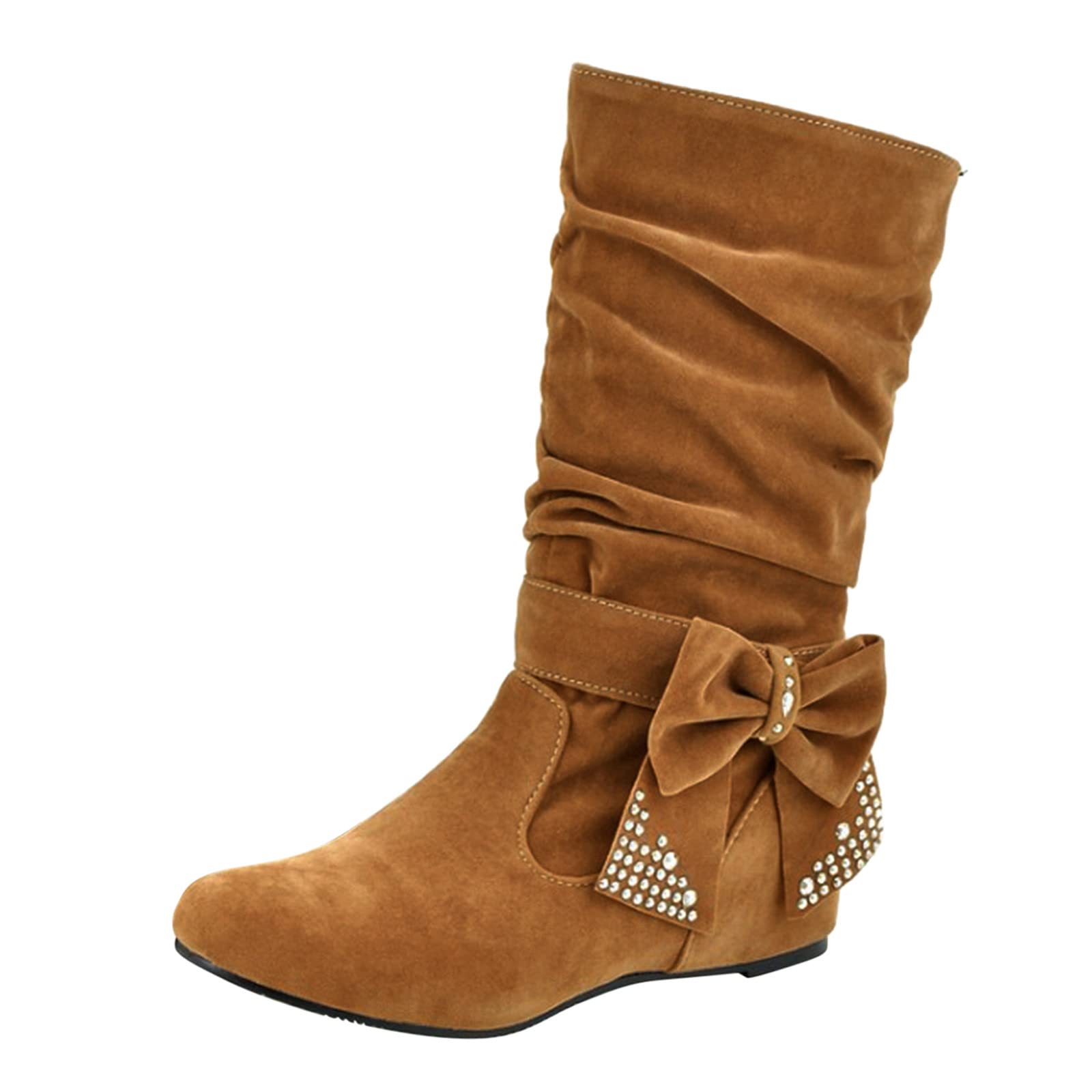 Botines de ante para mujer, planos, medias botas, pantorrilla ancha, botas