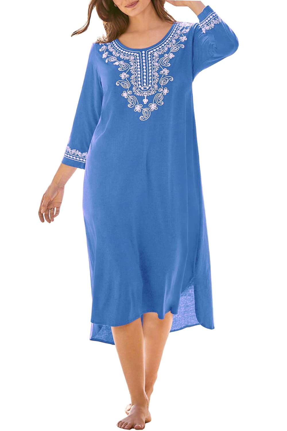 LikeJump Mujer Bohemia Floral Bordado Vestido de Playa Maxi Kaftan Kimono Pareos Bikini Cover Ups