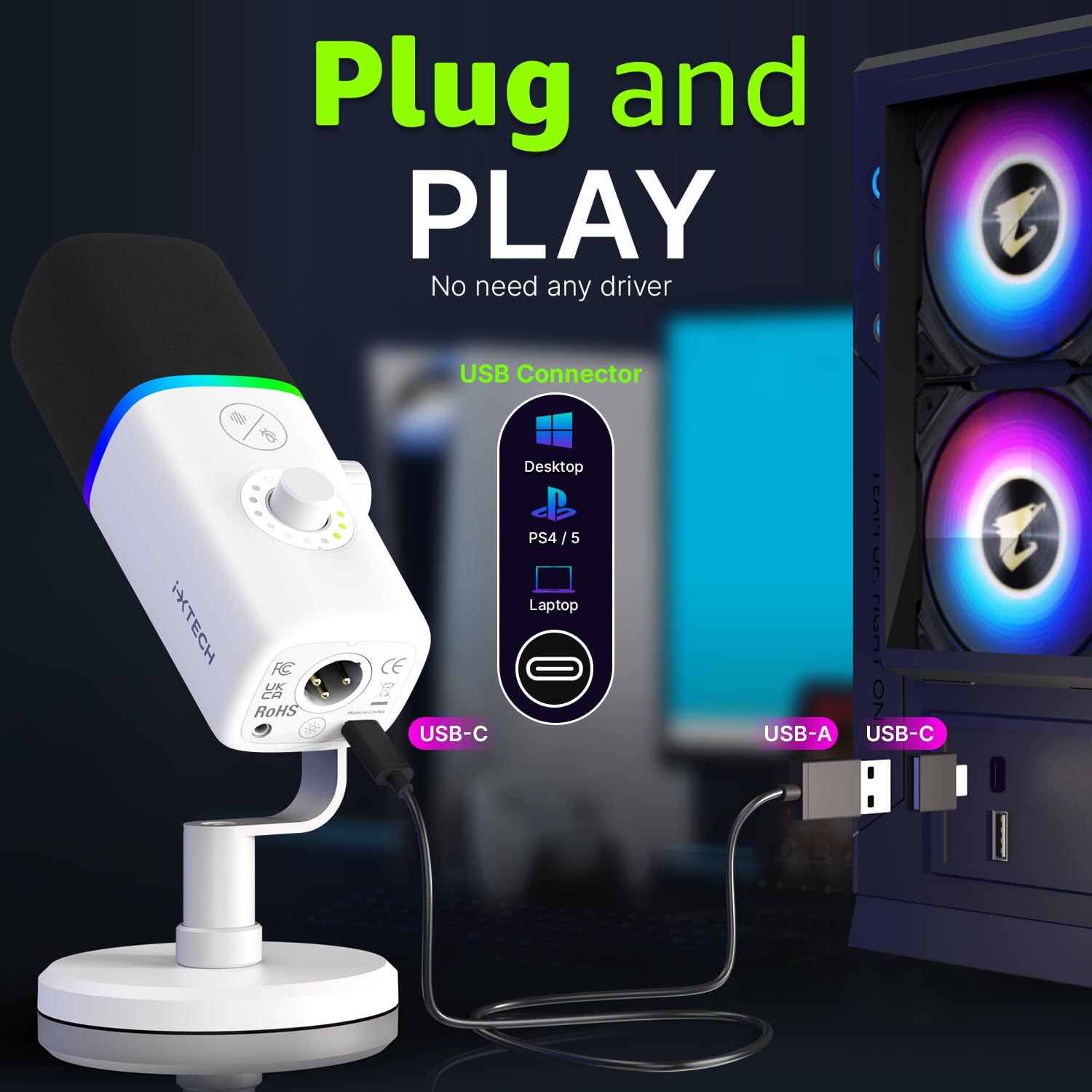 IXTECH Micrófono USB para juegos para PC, micrófono condensador con cancelación de ruido para podcasts y transmisión de video con soporte de trípode, filtro pop, montaje de choque, control de