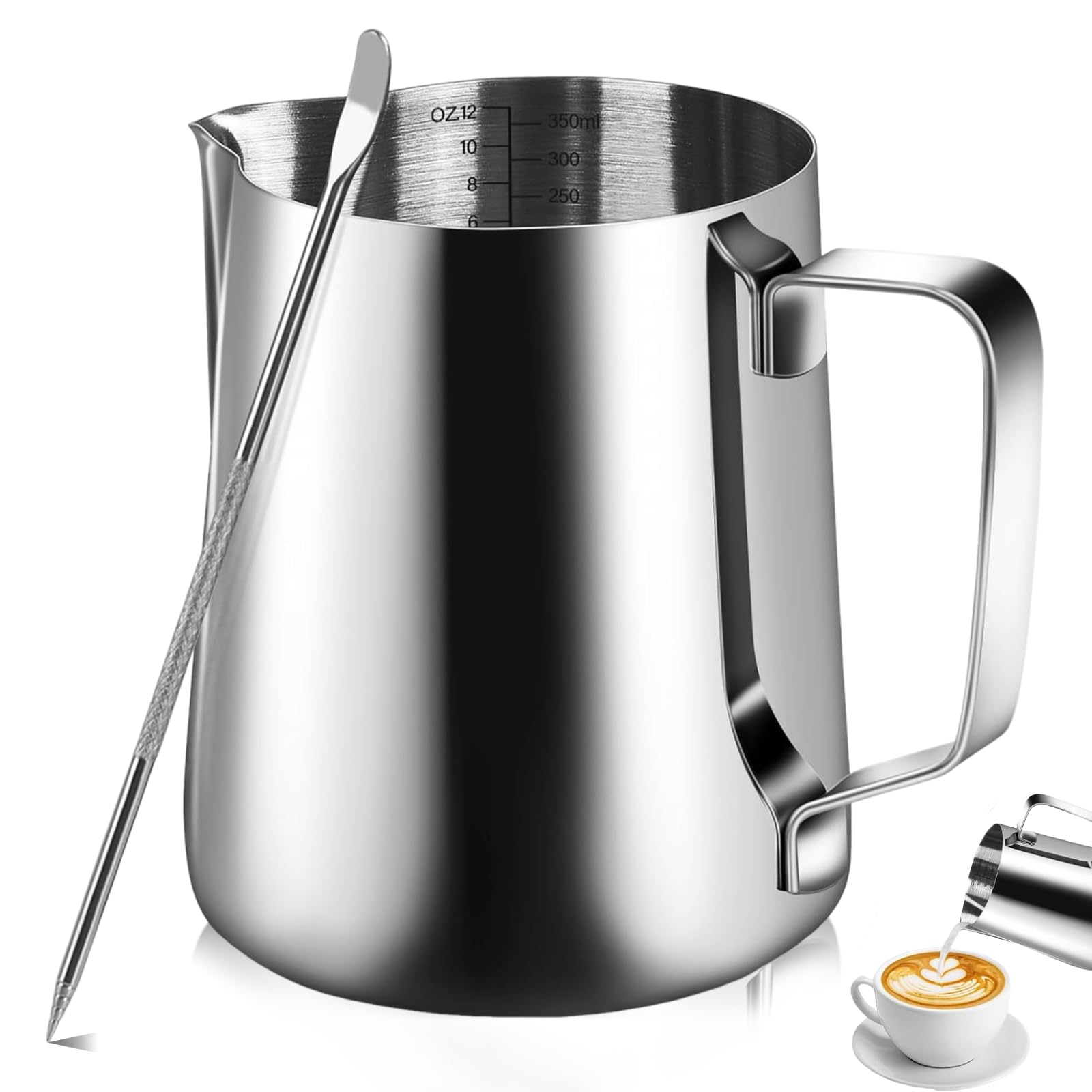 Milk Frothing Jug, 350ml Stainless Steel Milk Jug for Coffee Machine | V-Sharp Pouring Spout, Clear Scale, Ergonomic Handle & 1 Latte Art Pens | Metal Milk jug for Latte Art, Home, Office, Cafe Use