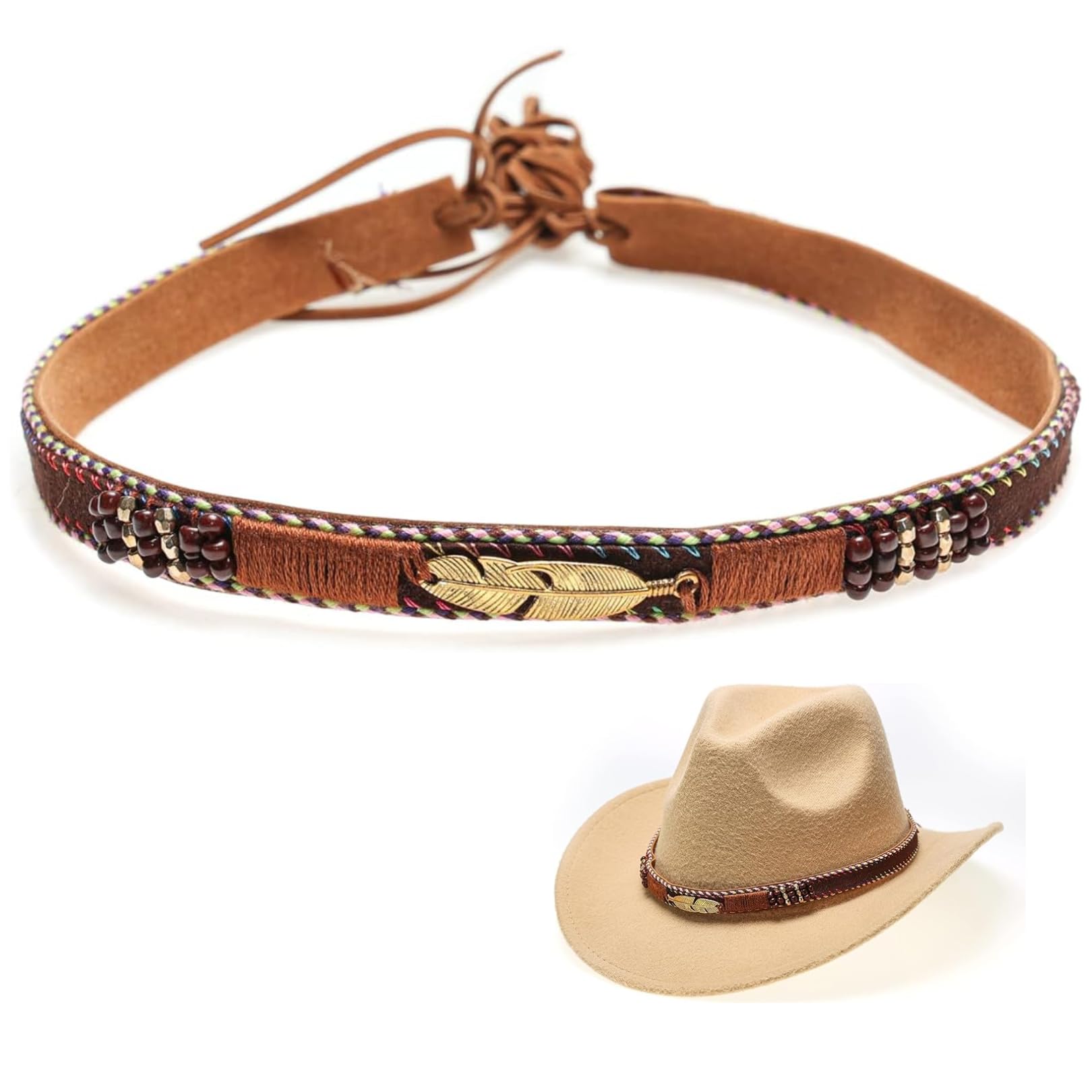 HALUKAKAH Cinta de Sombrero de Vaquero para Hombres Mujeres Cosecha Occidental Estilo Retro Punto Hecho a Mano Emplumar/Turquesa/Cuenta de Madera/Cuero Tamaño Ajustable