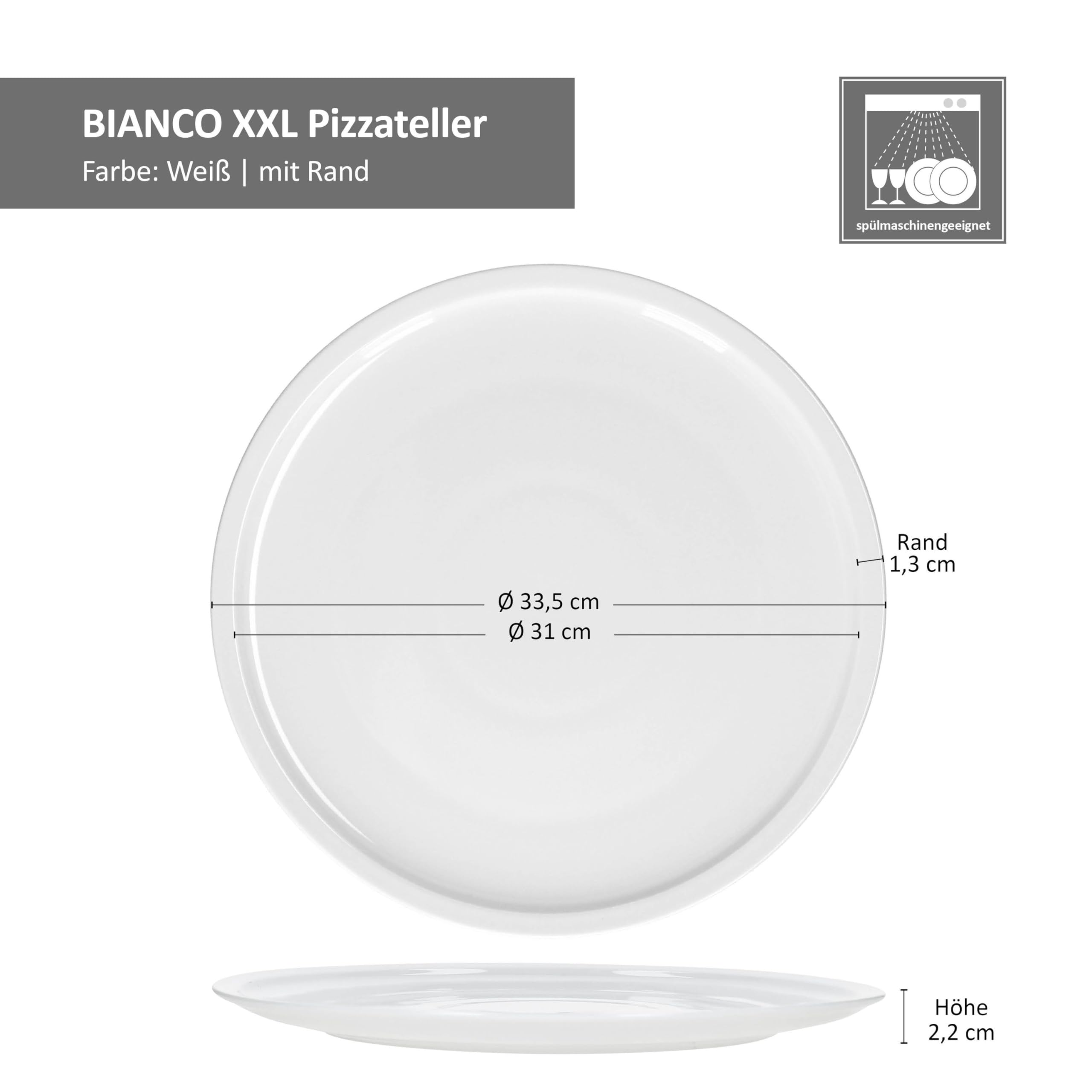 MamboCat 6er Set Bianco Pizzateller XL I Ø 33,5 cm I für 6 Personen I weiße große Pizzateller aus Porzellan I XL-Speiseteller, Servierplatte