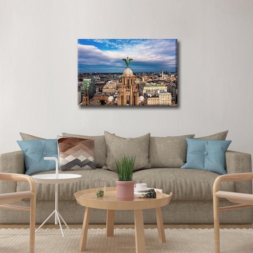 Liverpool City Wall Art The Tower of the Royal Liver Building in Liverpool United Kingdom Canvas Painting Framed for Living Room Bedroom Office Home Decor Ready to Hang 24x16 inch - Image 3