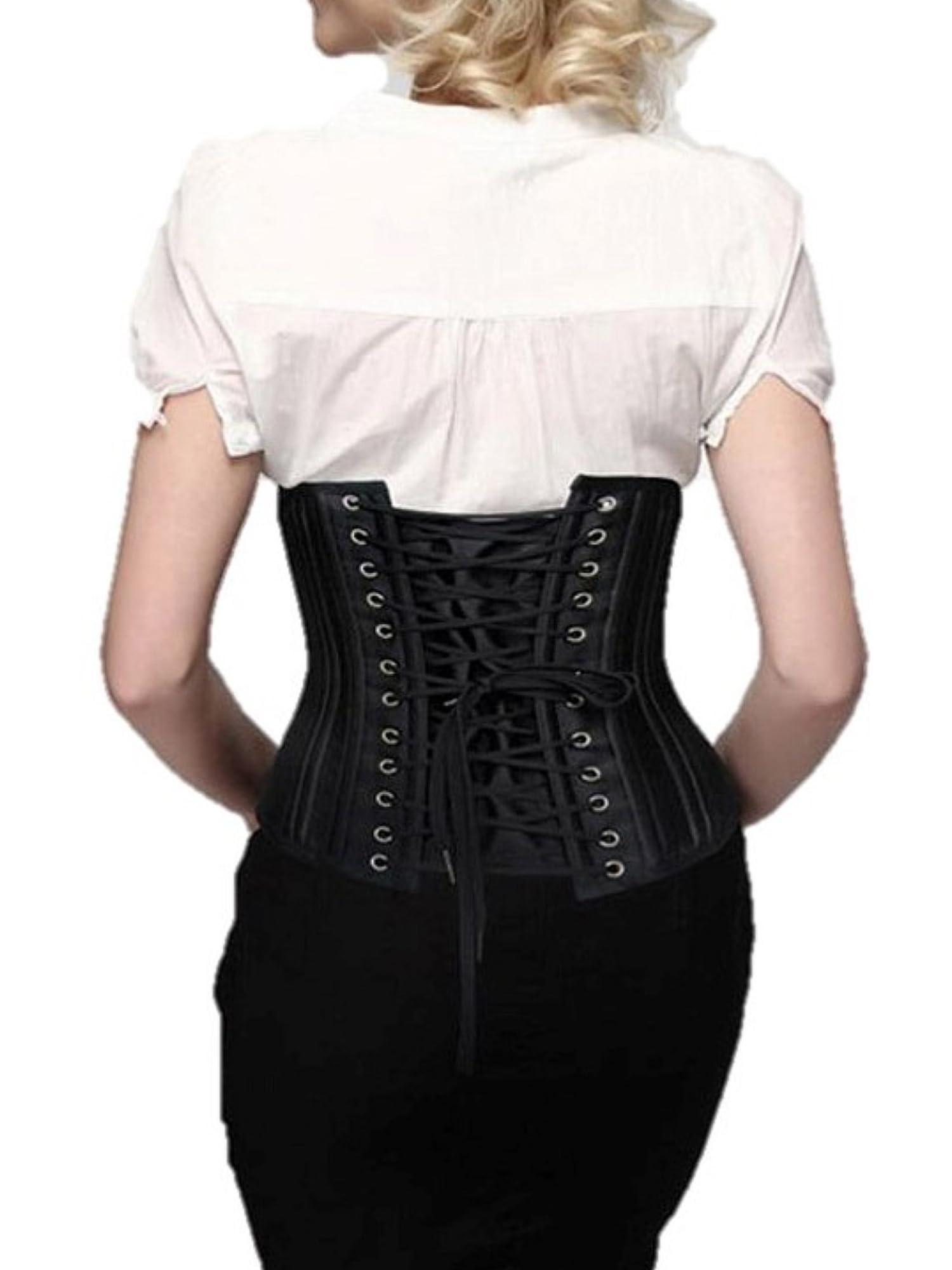 CAMELLIAS Black Satin Widw Waist Corset with Front Closure Sz M Black Satin Corset with Off-the-Shoulder Straps main image 4